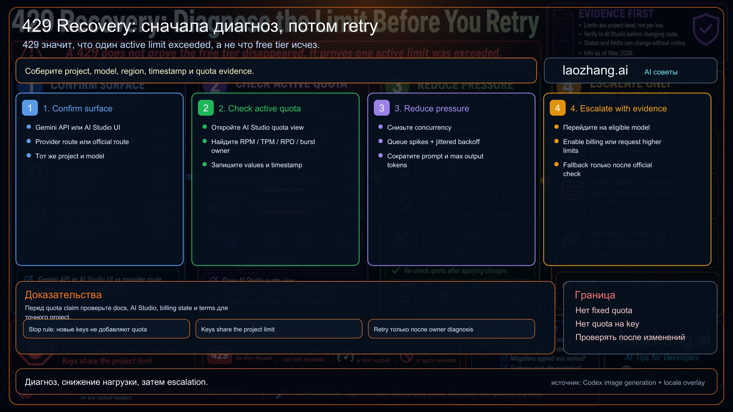 Лестница восстановления после 429 в Gemini API free tier: surface, active quota, pressure reduction и escalation evidence