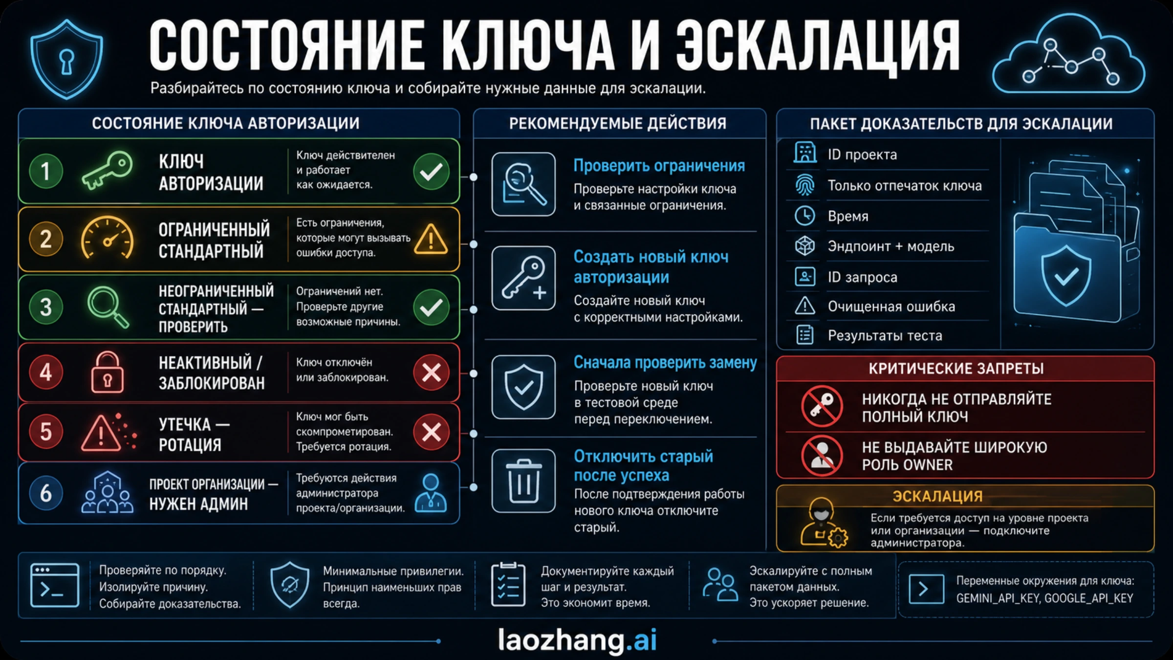 Состояния restricted, Blocked, leaked и organization-owned key с правилами rotation и escalation
