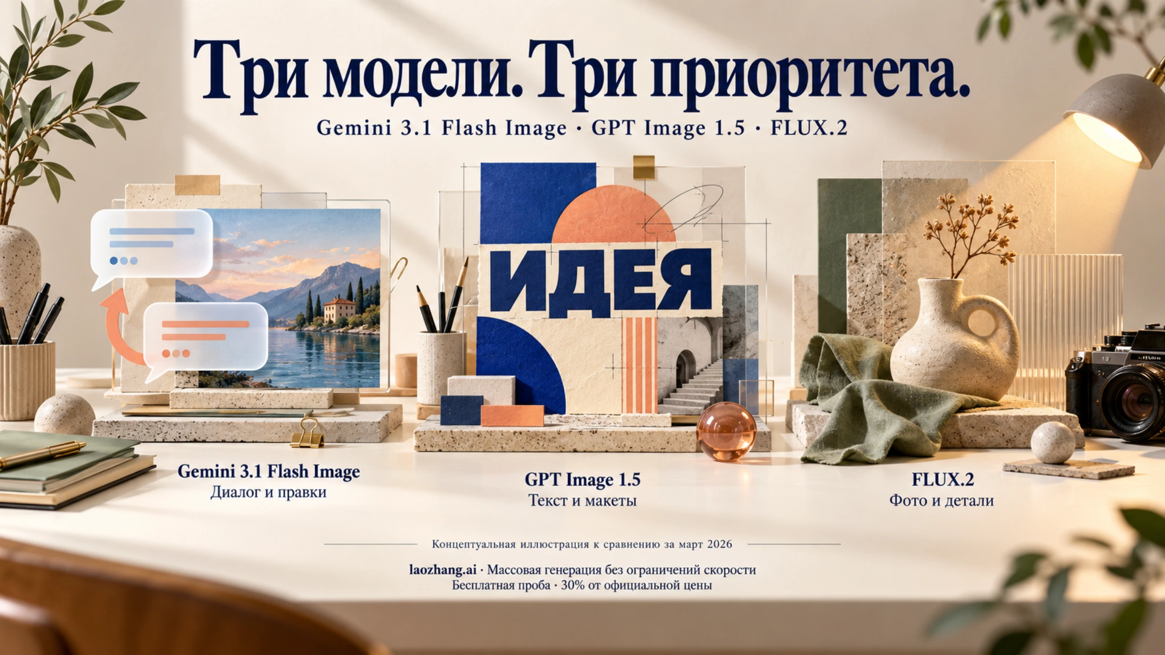 Концептуальная иллюстрация трёх рабочих приоритетов: диалог и правки в Gemini, текст и макеты в GPT Image, фото и детали в FLUX.2