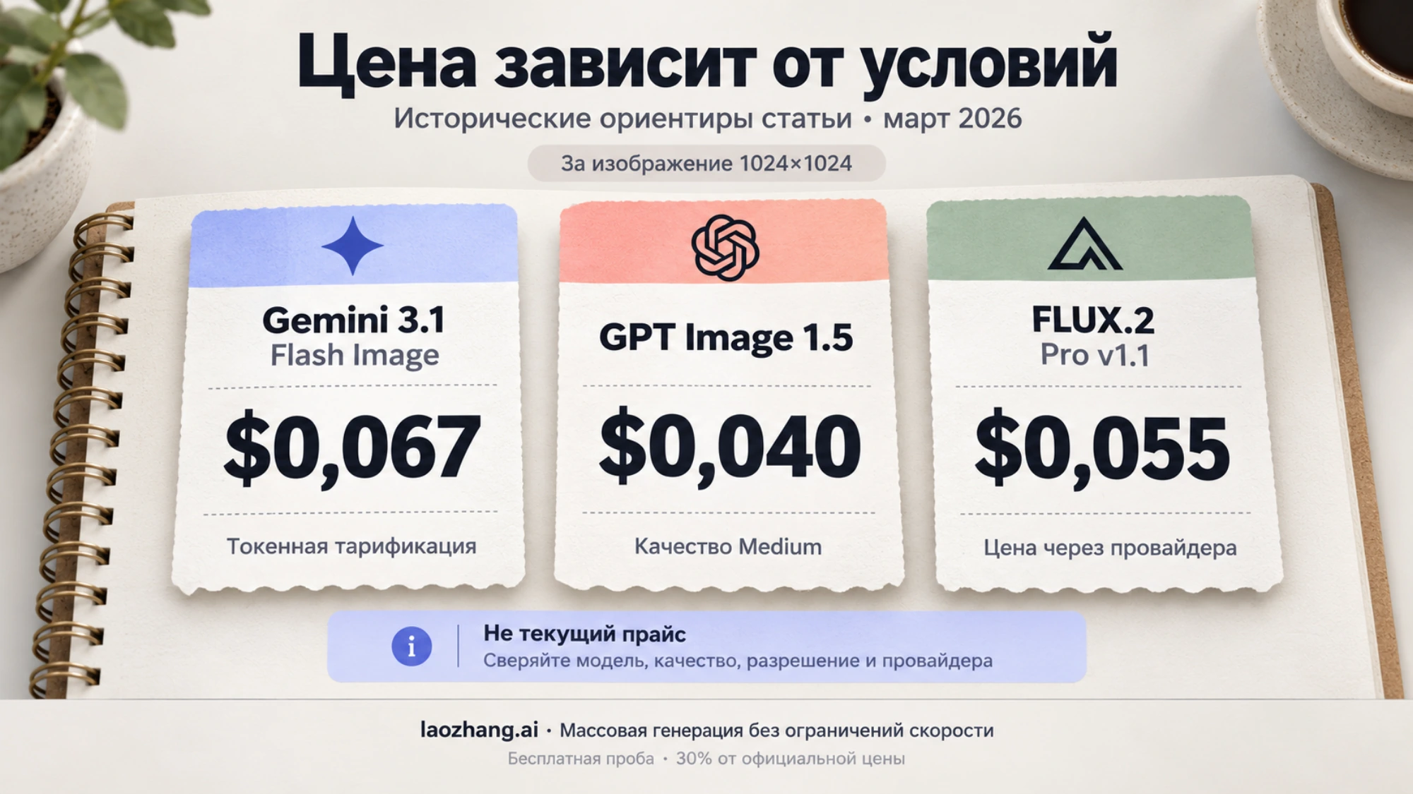 Исторические ориентиры цен из статьи за март 2026: Gemini Flash Image — $0,067, GPT Image 1.5 Medium — $0,040, FLUX.2 Pro v1.1 — $0,055; условия различаются