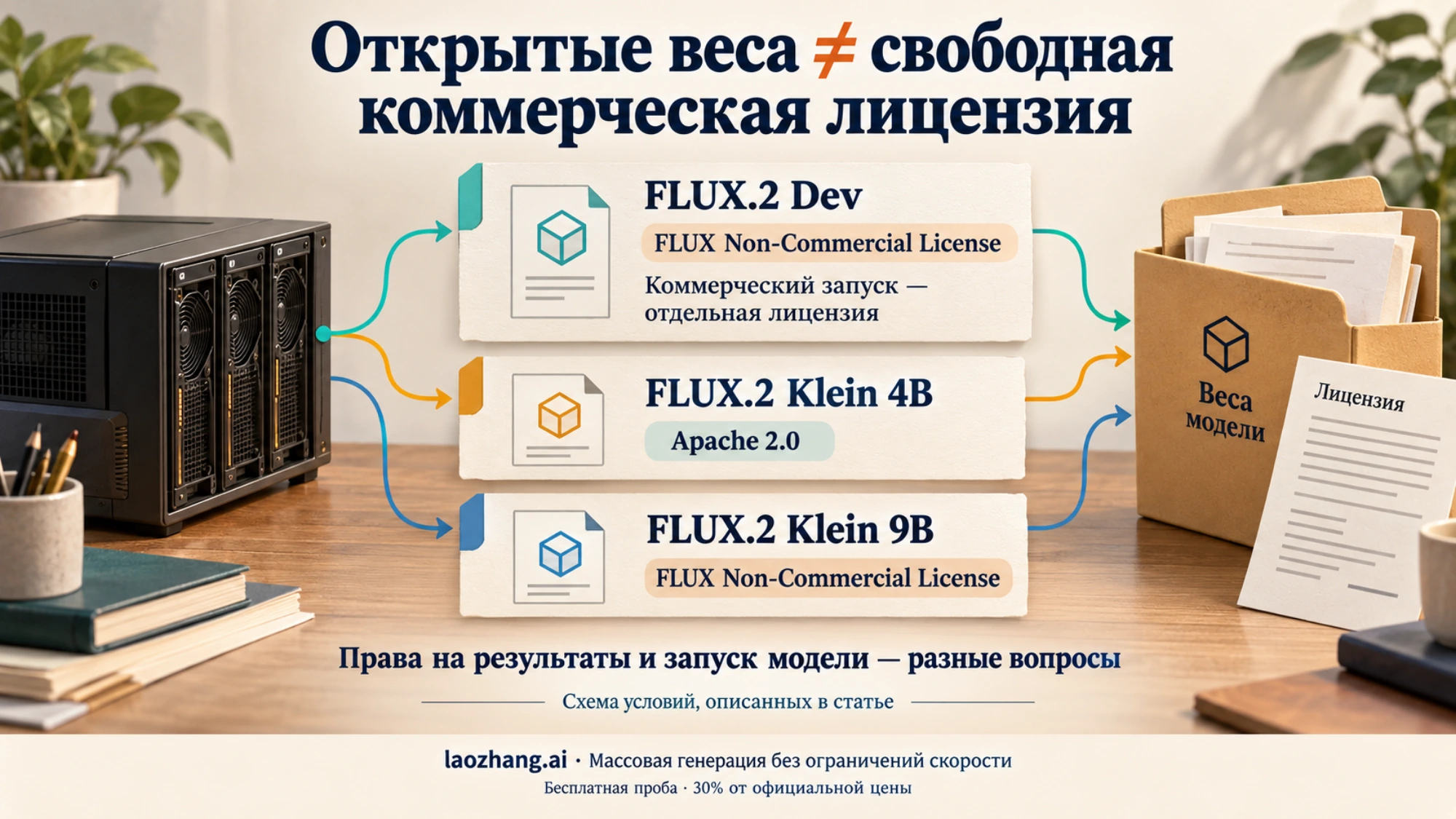 Схема описанных в статье лицензий FLUX.2: Dev и Klein 9B — FLUX Non-Commercial License, Klein 4B — Apache 2.0; права на результаты отличаются от прав на запуск модели