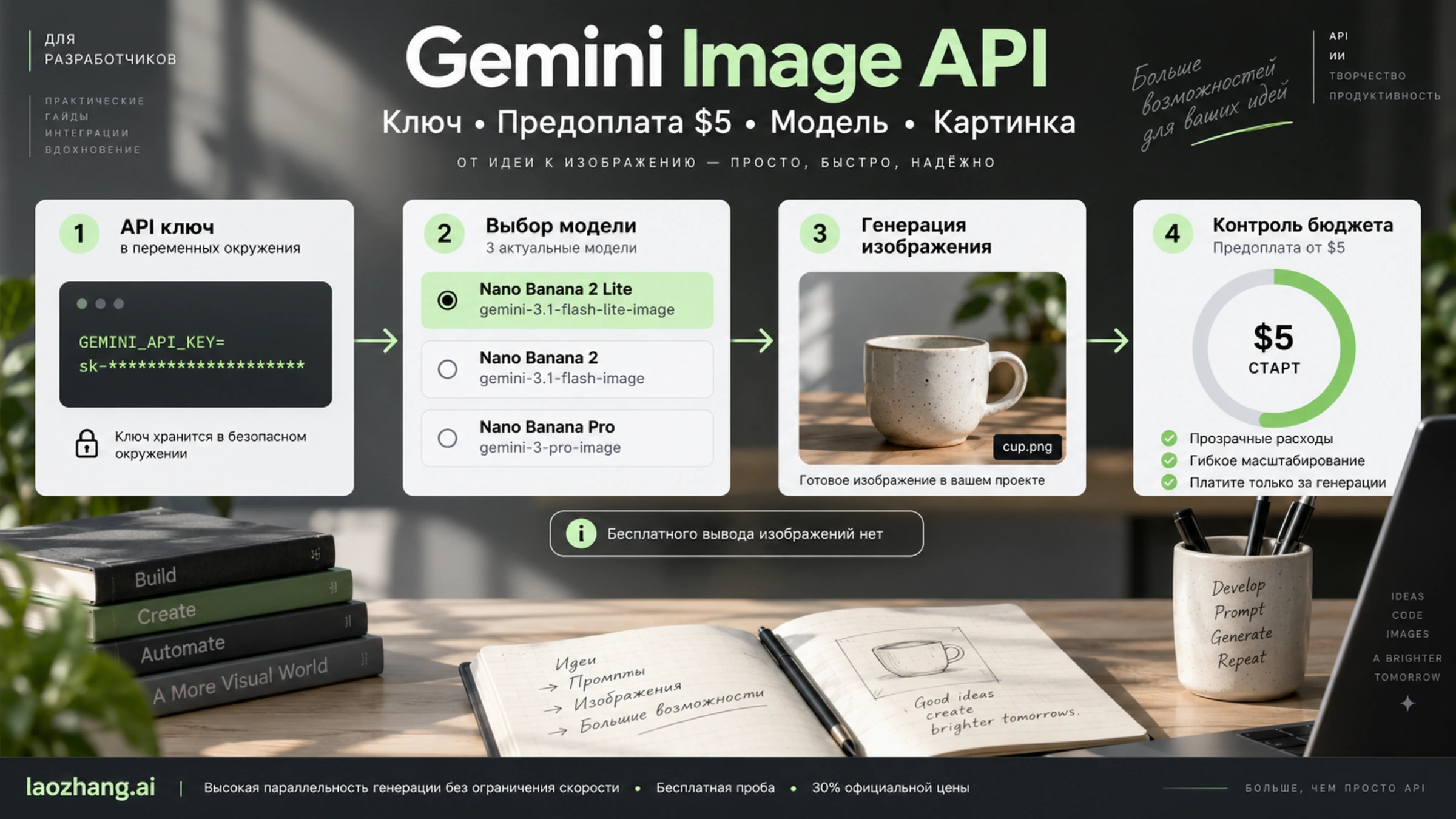 Gemini Image API: ключ, предоплата от $5, три текущие модели и получение файла изображения