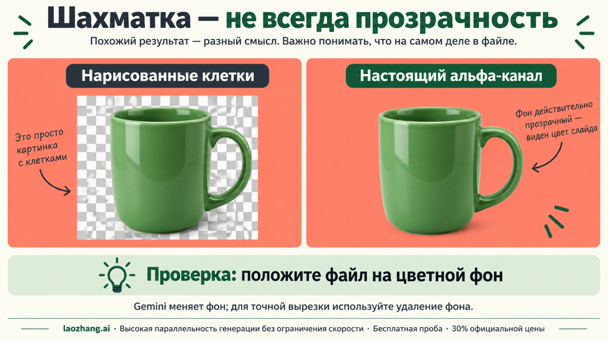 Нарисованная шахматка и настоящий альфа-канал на цветном слайде