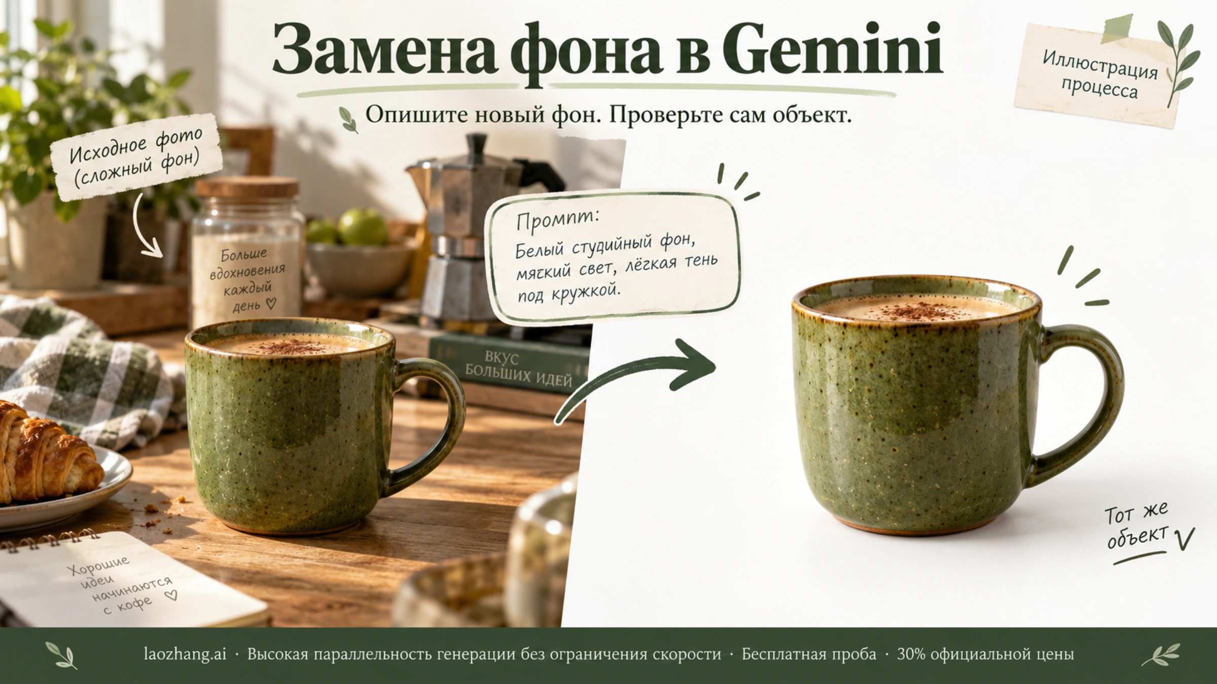 Иллюстрация замены фона фотографии товара по описанию в Gemini