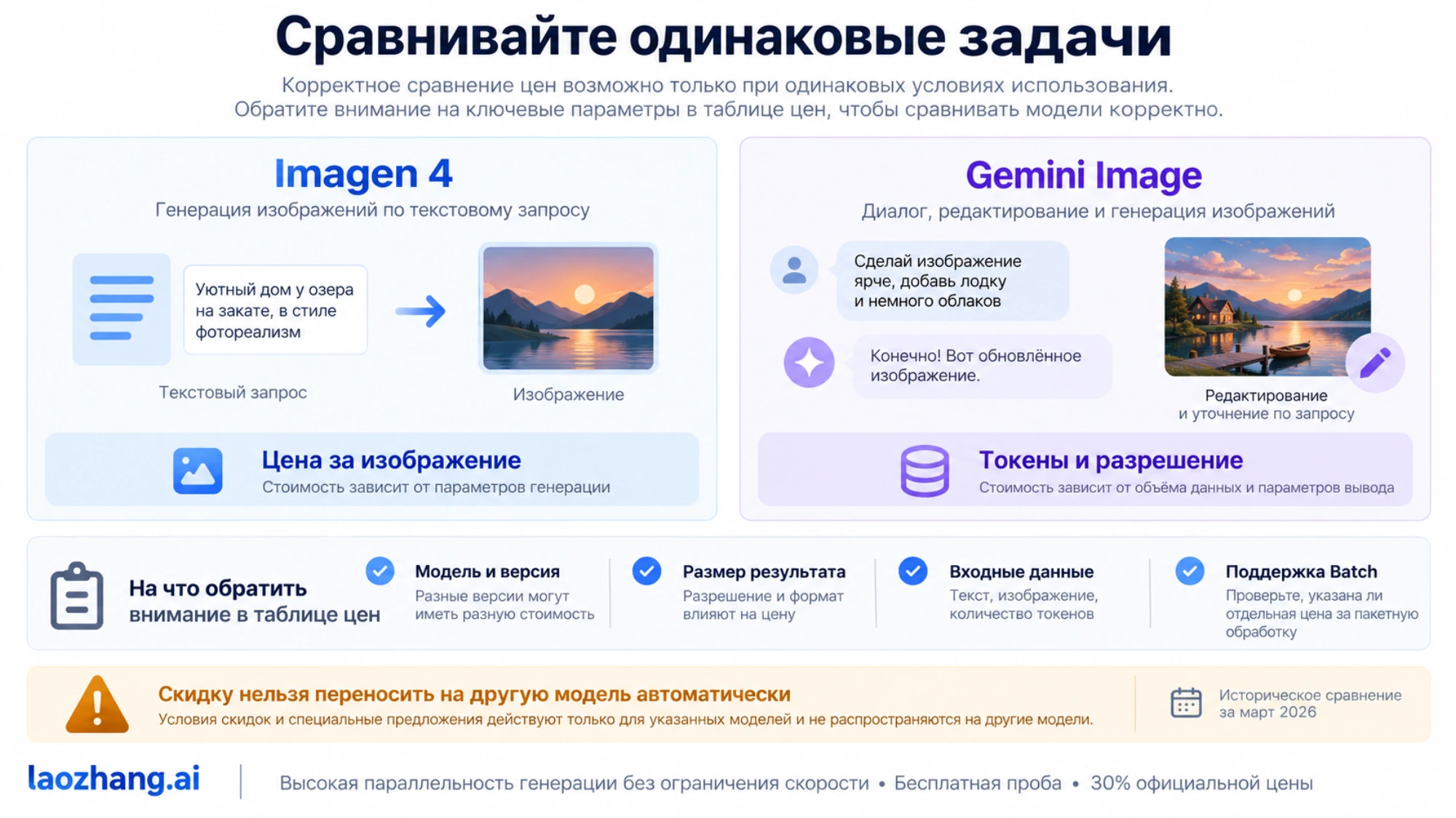 Условная схема сравнения Imagen и Gemini Image по задаче, разрешению, входным данным и поддержке Batch