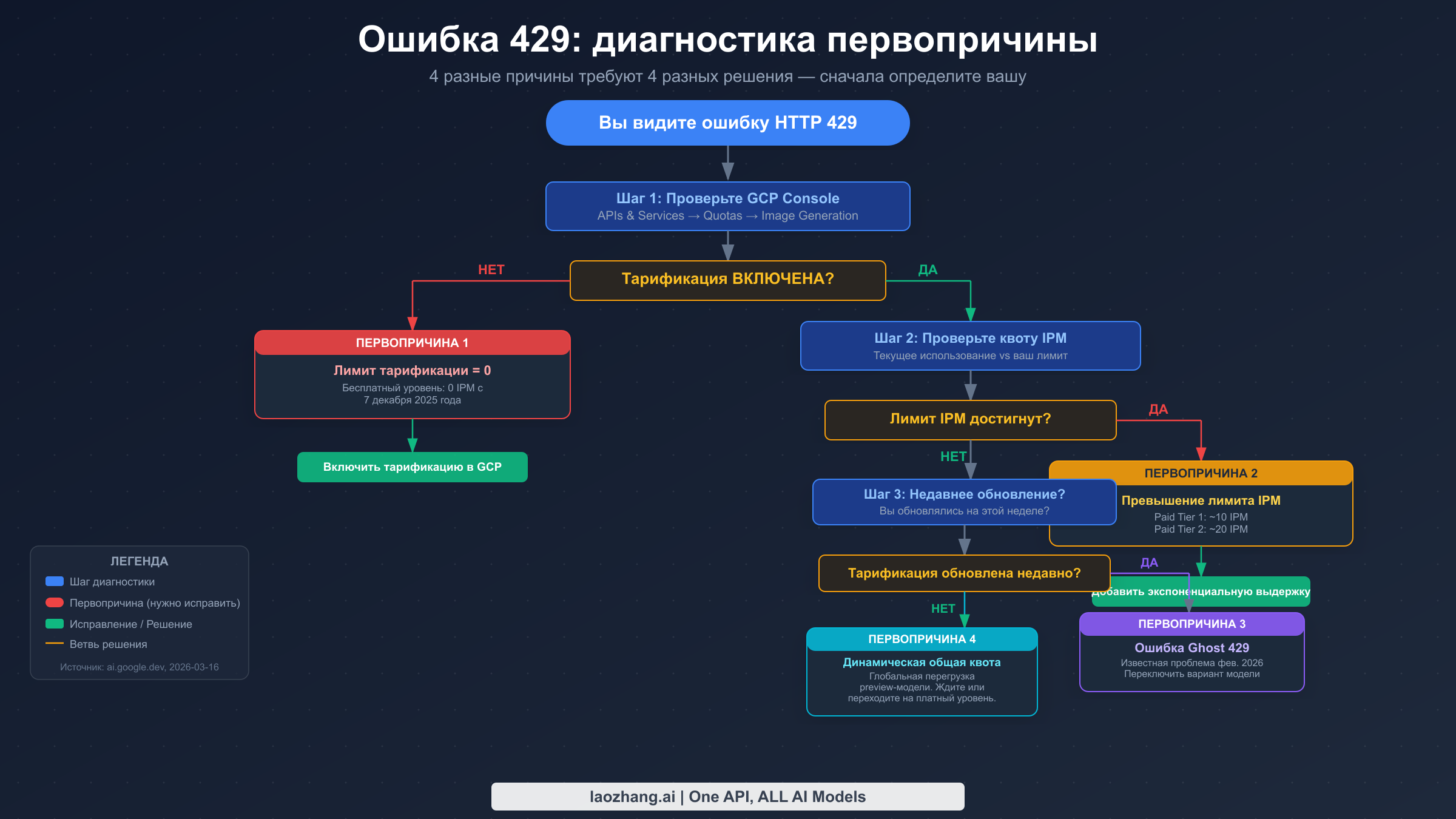 Дерево решений для диагностики ошибки 429 Gemini с 4 первопричинами: нулевой лимит тарификации, превышение IPM, ошибка Ghost Bug и динамическая общая квота