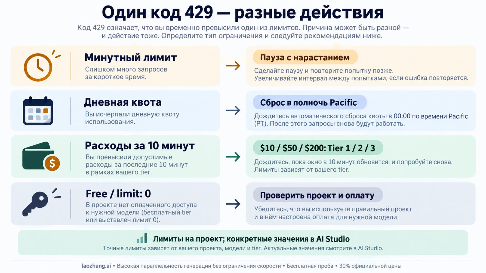 Четыре причины 429: минутный лимит, суточная квота, расходы и limit: 0