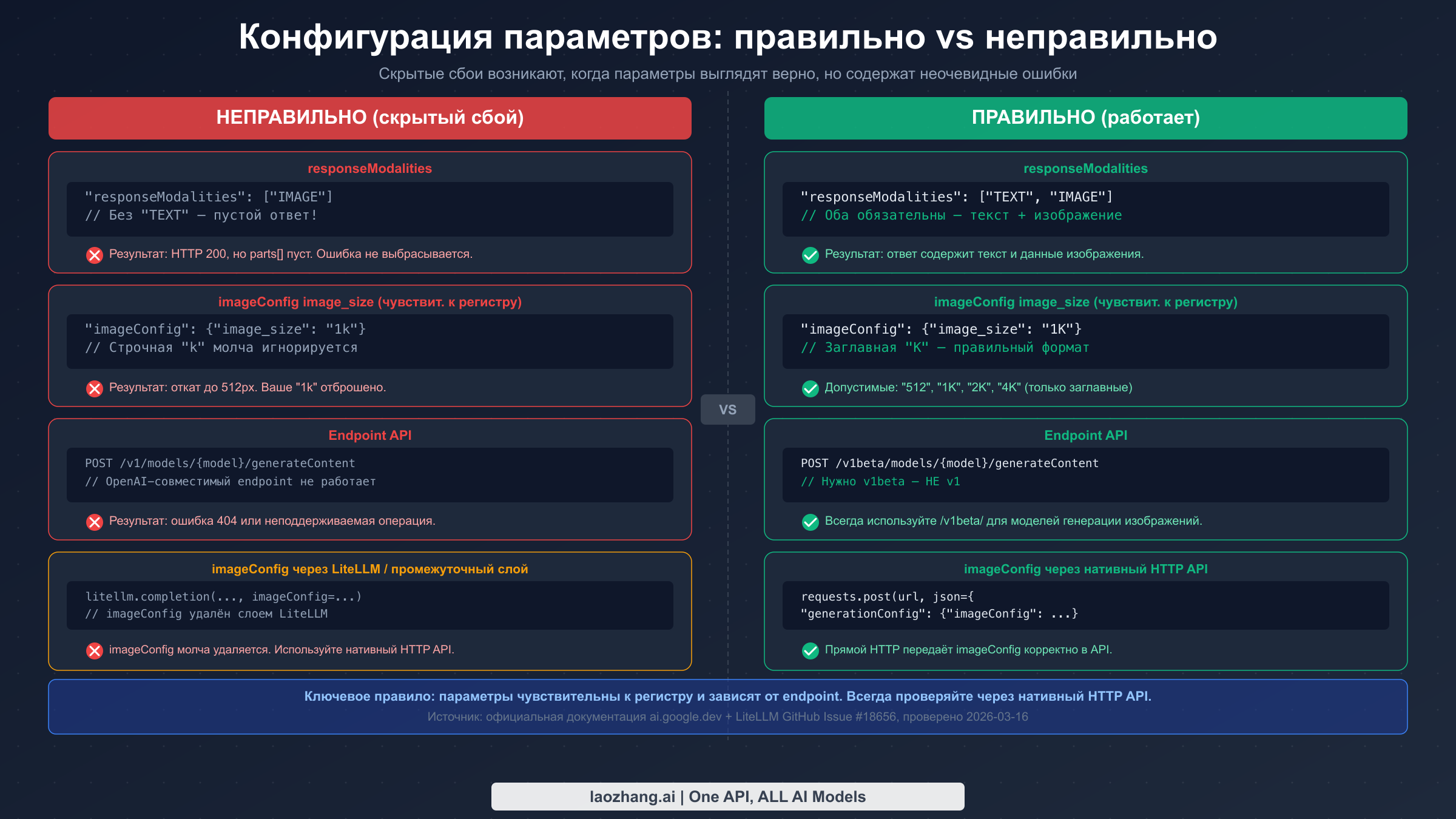 Сравнение конфигурации параметров: правильные и неправильные значения для responseModalities, регистрозависимость image_size, endpoint API и промежуточный слой imageConfig