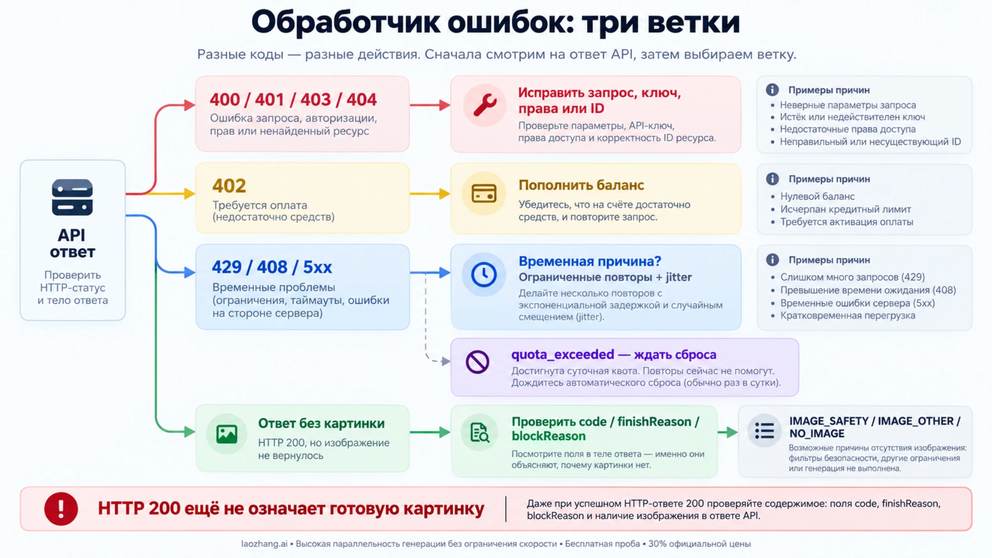 Обработка ошибок API: исправление постоянных причин, временные повторы и проверка ответа без картинки