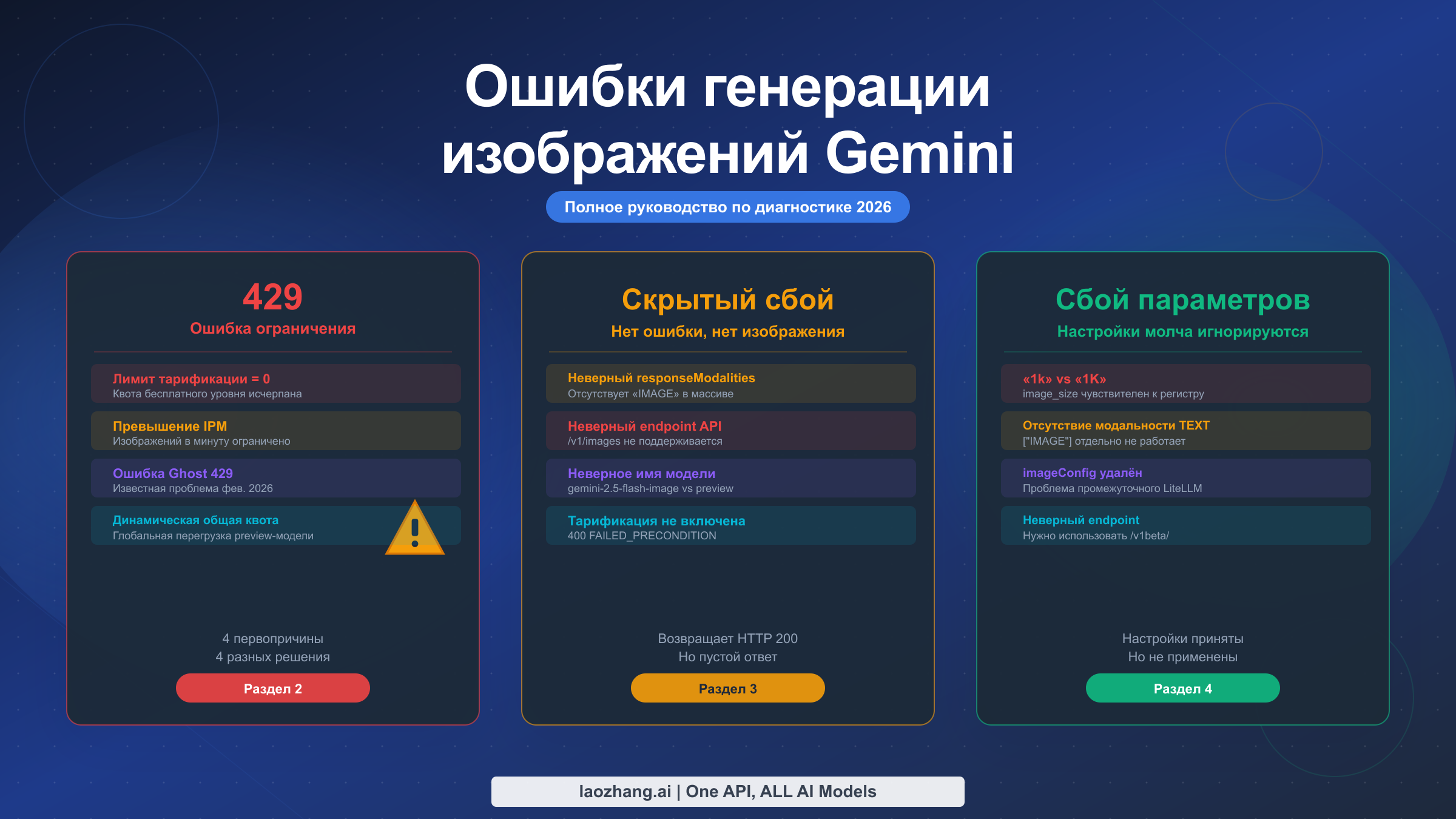 Ошибки генерации изображений Gemini: полное руководство по ошибкам 429, сбоям генерации и параметрам (2026)