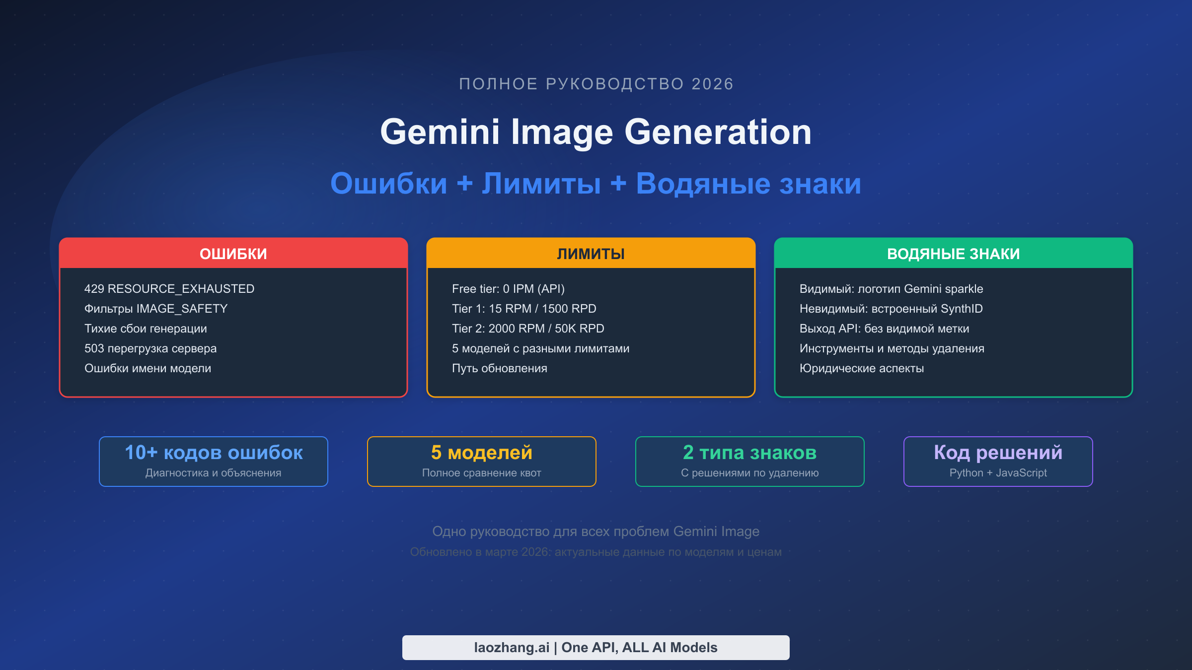 Gemini генерация изображений: исправление ошибок, лимиты, водяные знаки (2026)