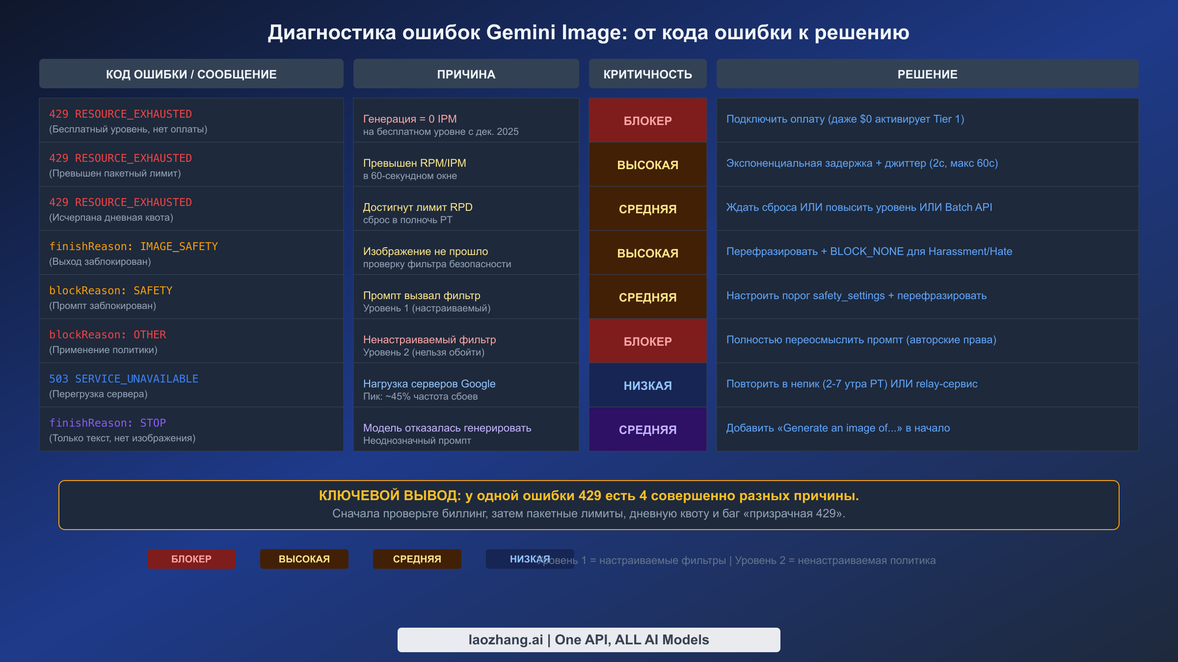 Таблица диагностики ошибок Gemini Image — 8 кодов ошибок с причинами, серьёзностью и исправлениями