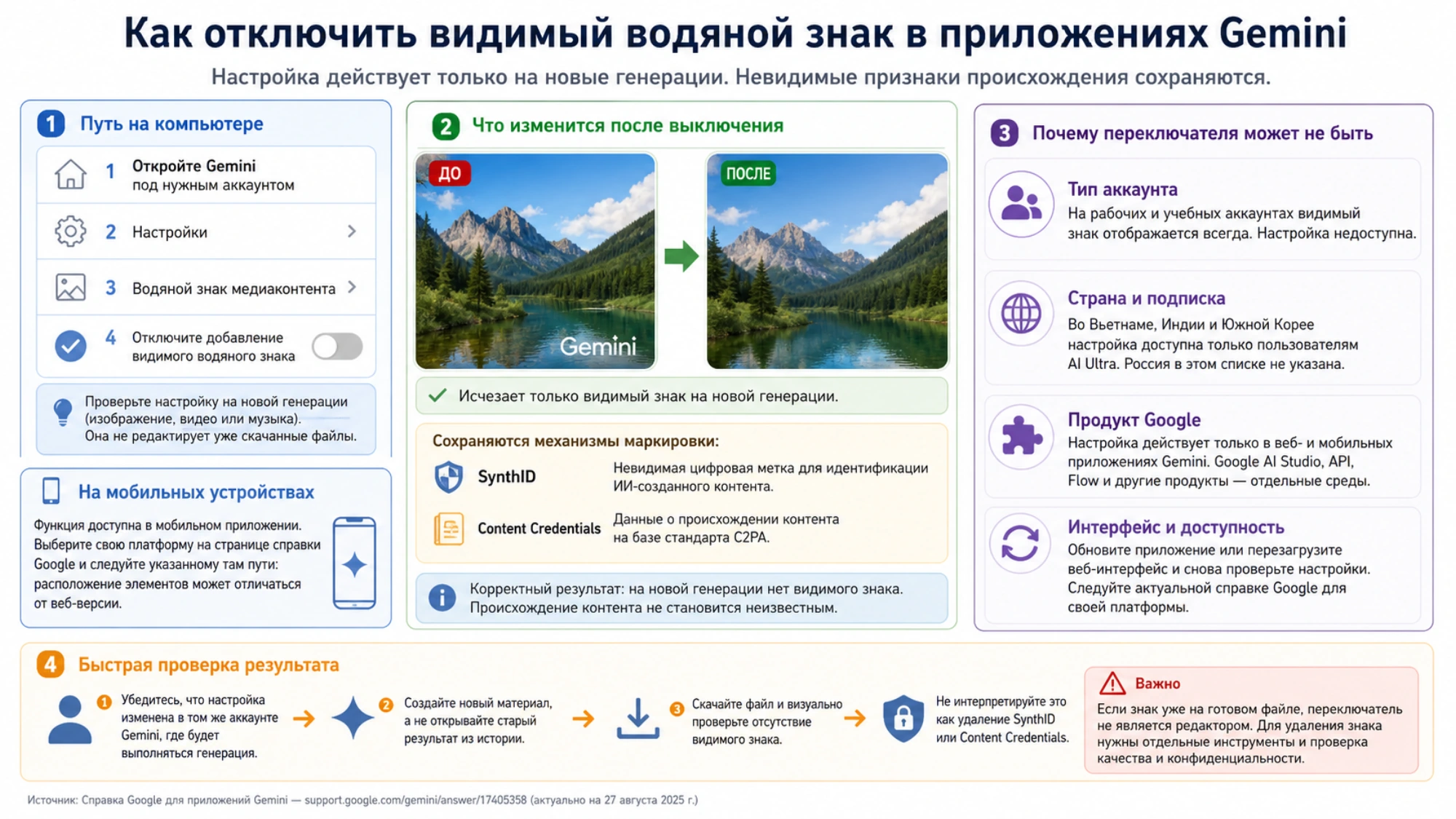 Наглядная подсказка по настройке водяного знака и проверке новой генерации в Gemini