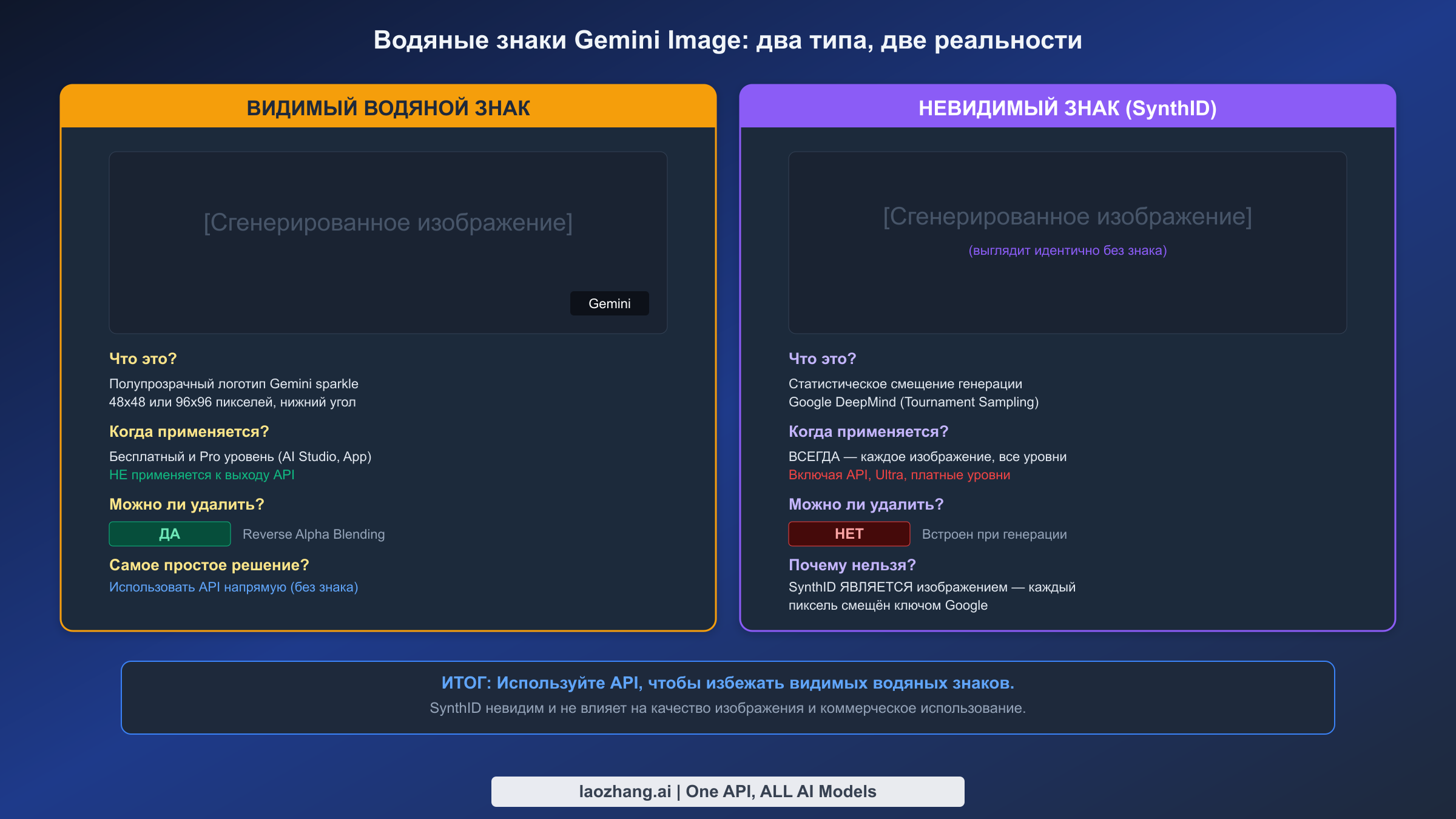 Сравнение двух типов водяных знаков Gemini: видимый логотип sparkle и невидимый SynthID