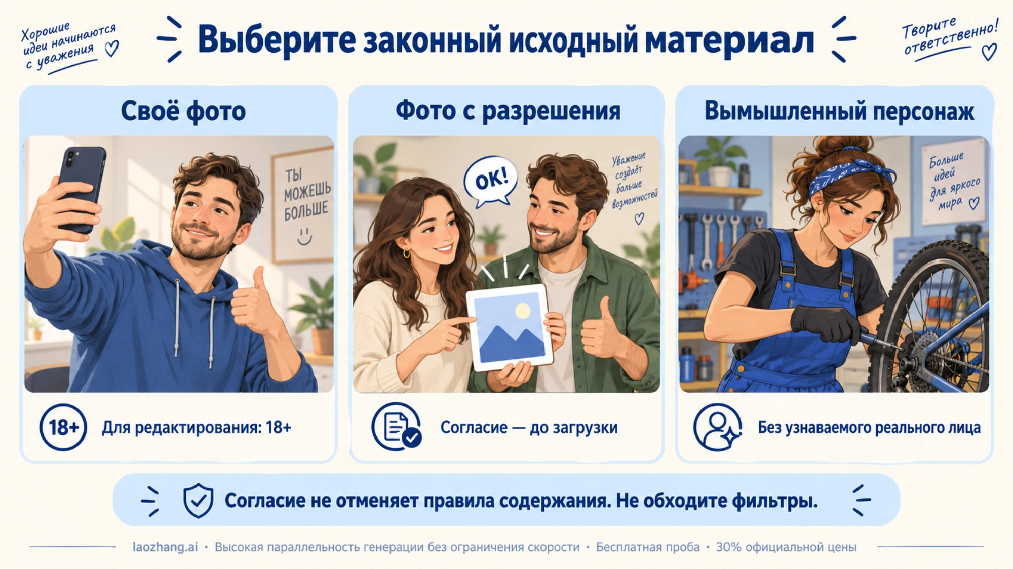 Своё фото, снимок с согласия человека и вымышленный персонаж как исходные материалы