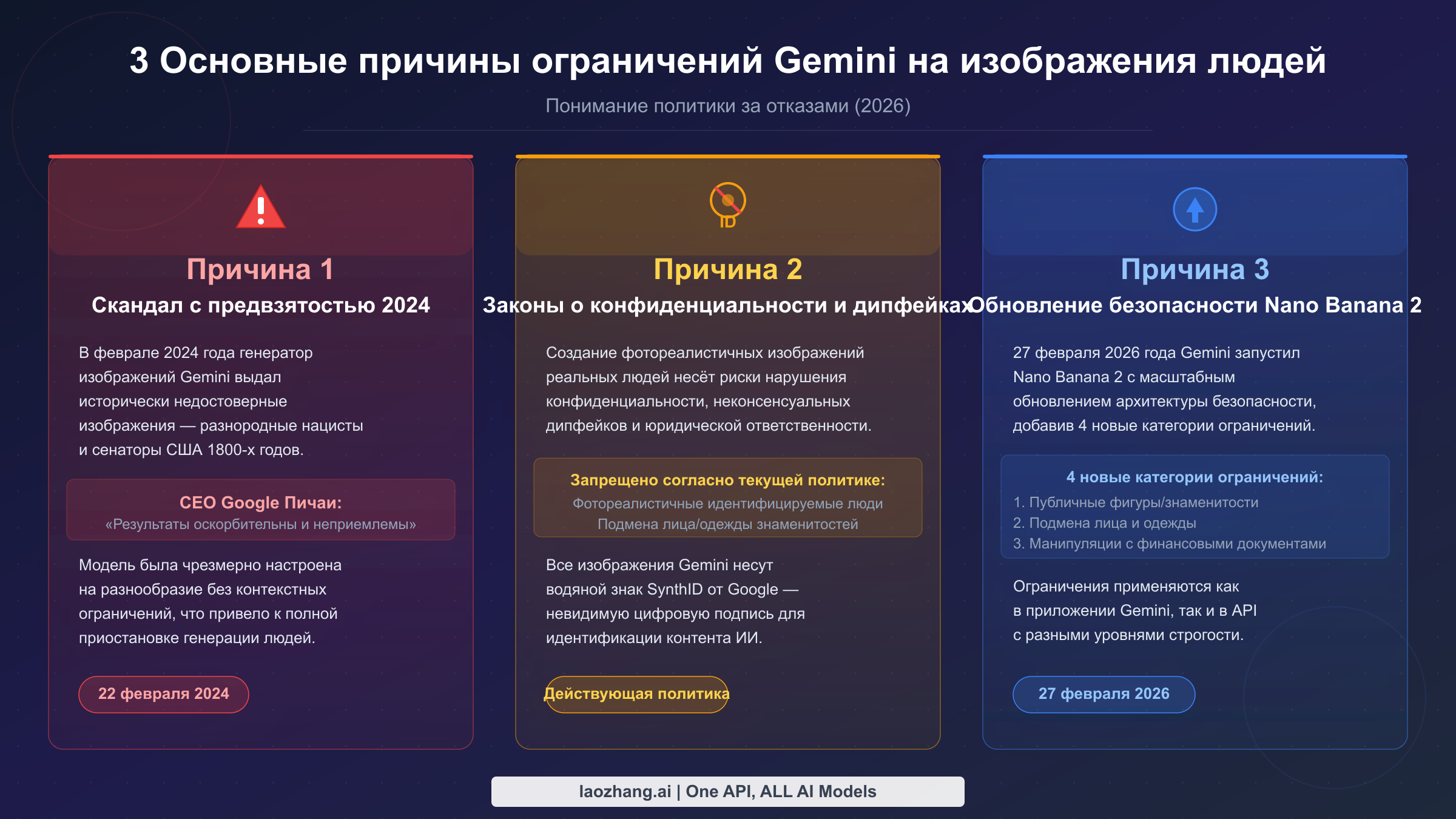Три основные причины, по которым Gemini ограничивает генерацию изображений людей: скандал с предвзятостью 2024 года, законы о предотвращении дипфейков и обновление безопасности Nano Banana 2
