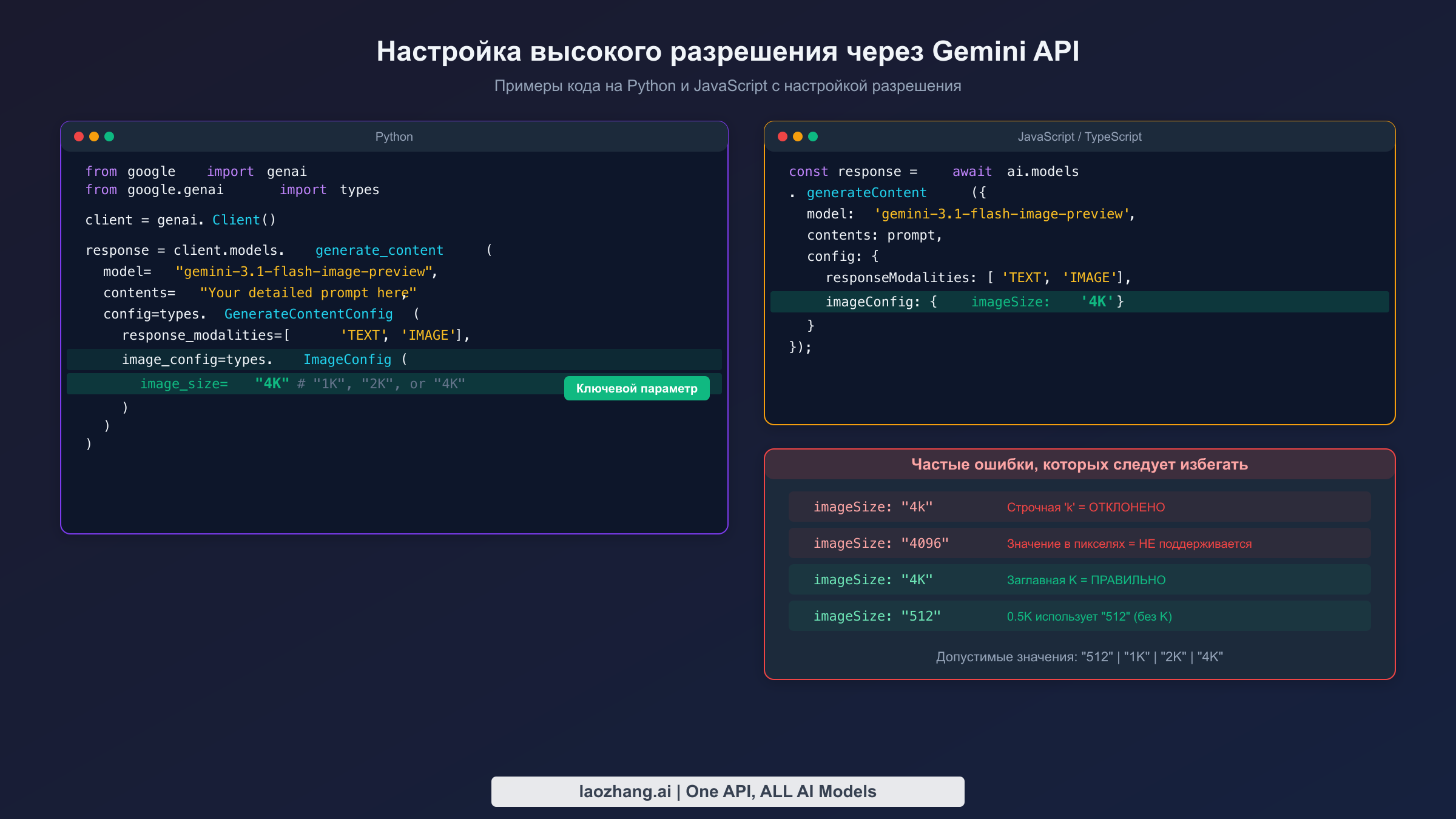 Примеры кода на Python и JavaScript для настройки параметра image_size для разрешения 4K в Gemini API