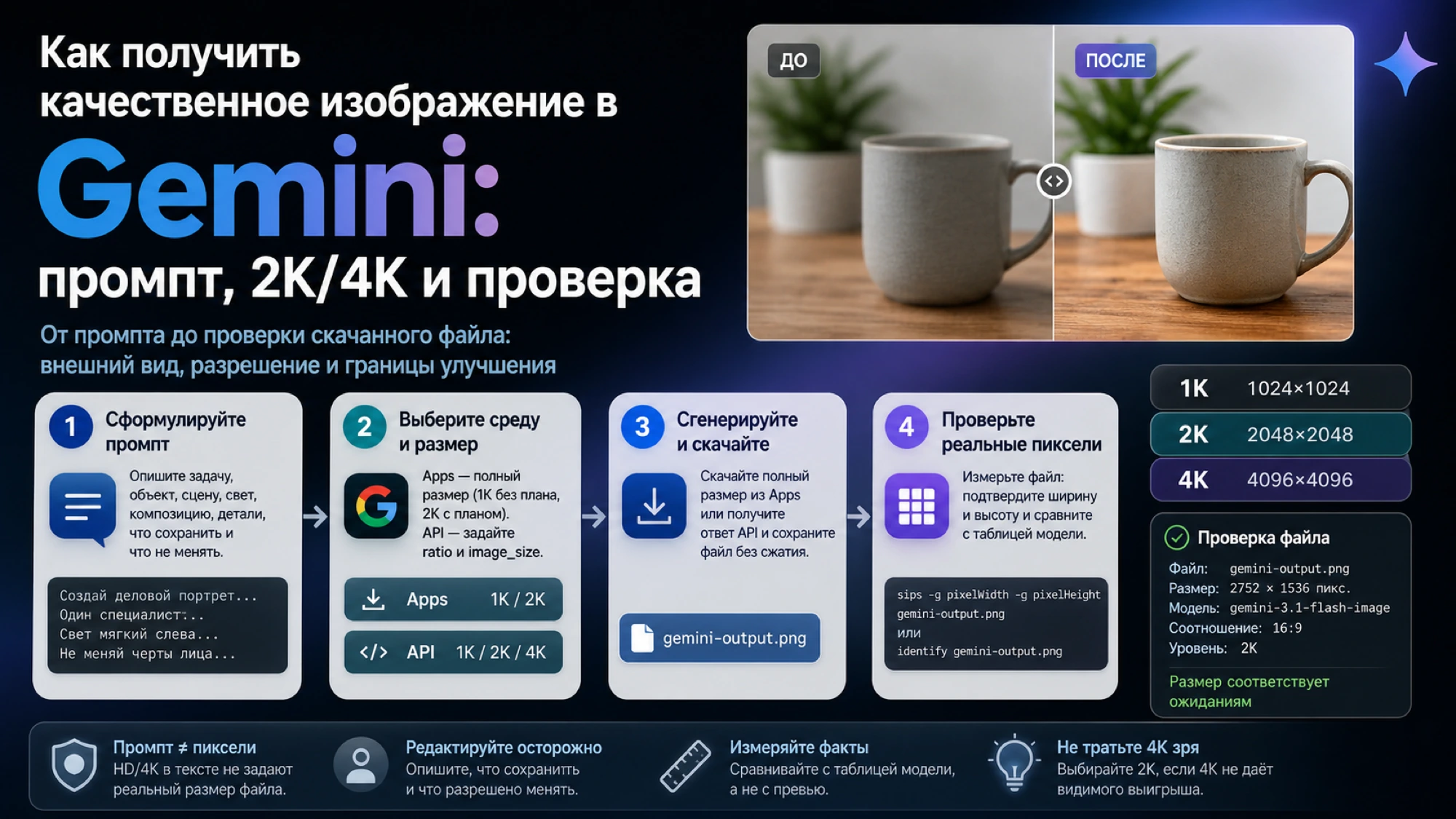 Раздельная проверка внешнего вида, сохранности исходника и размера изображения Gemini
