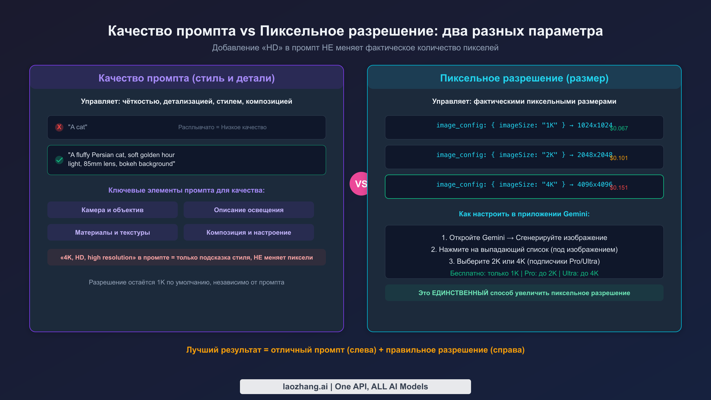 Визуальное сравнение качества промпта и пиксельного разрешения как двух независимых параметров генерации изображений Gemini