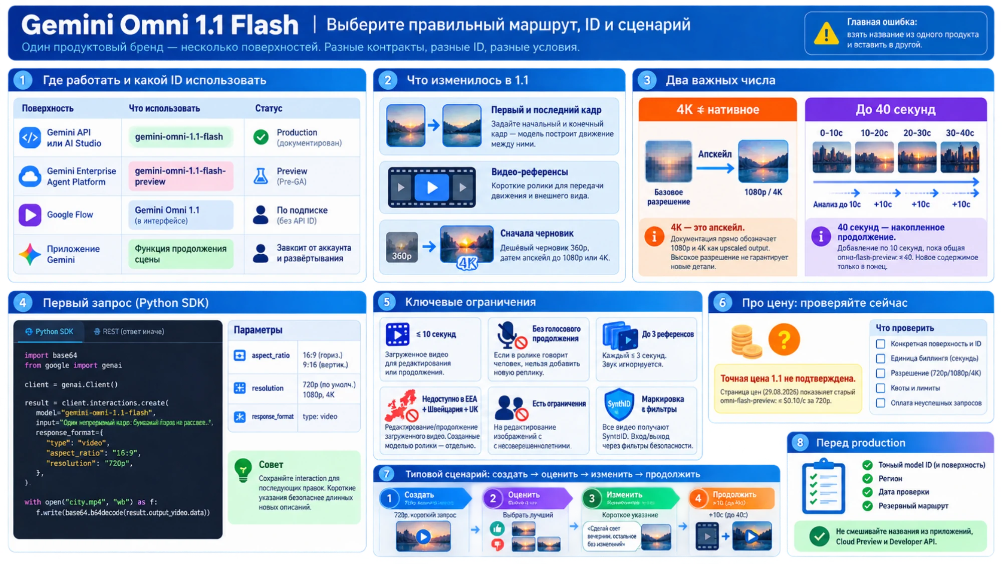 Практическая русская схема Gemini Omni 1.1 Flash: выбор поверхности и model ID, первый Python-запрос, разрешения, продление сцены, региональные ограничения и проверка цены