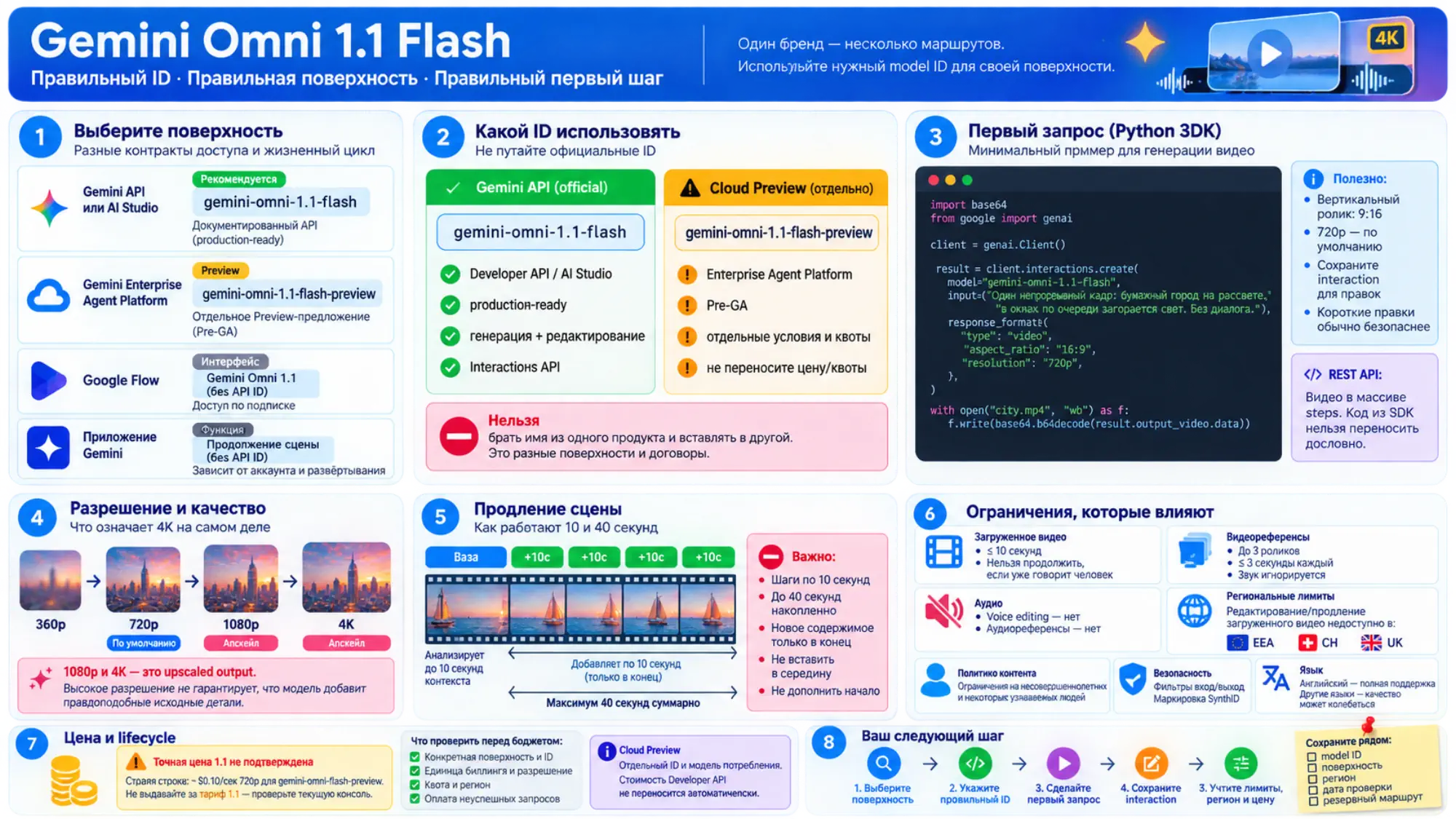 Правила работы Gemini Omni 1.1 Flash: правильные ID и поверхности, апскейл разрешения, продление до 40 секунд, ограничения загрузок, регионов, цены и lifecycle