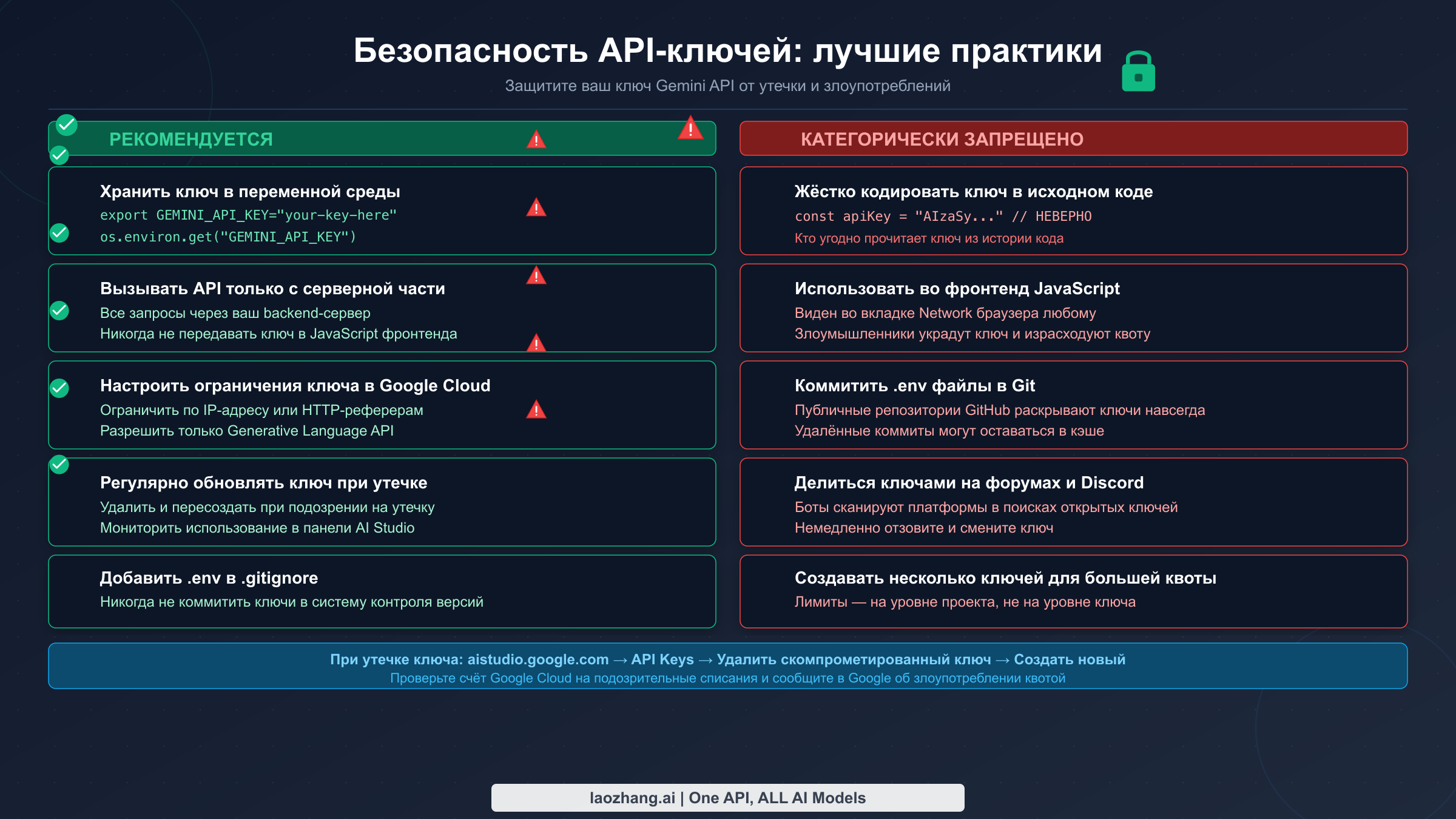 Лучшие практики безопасности ключей Gemini API — рекомендуемые и запрещённые действия для защиты вашего лимита