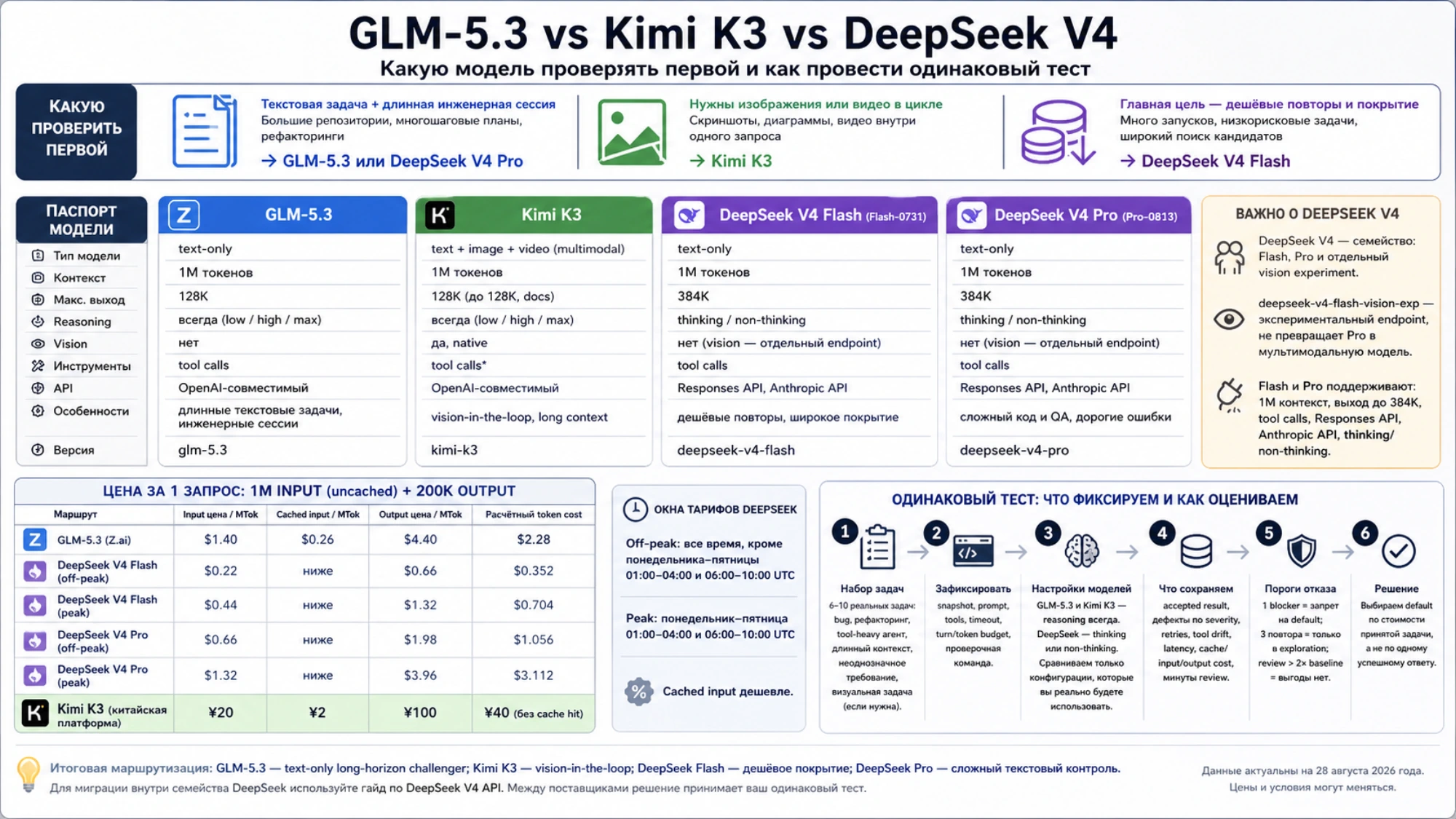 Паспорта GLM-5.3, Kimi K3, DeepSeek V4 Flash и Pro, цены и схема одинакового теста
