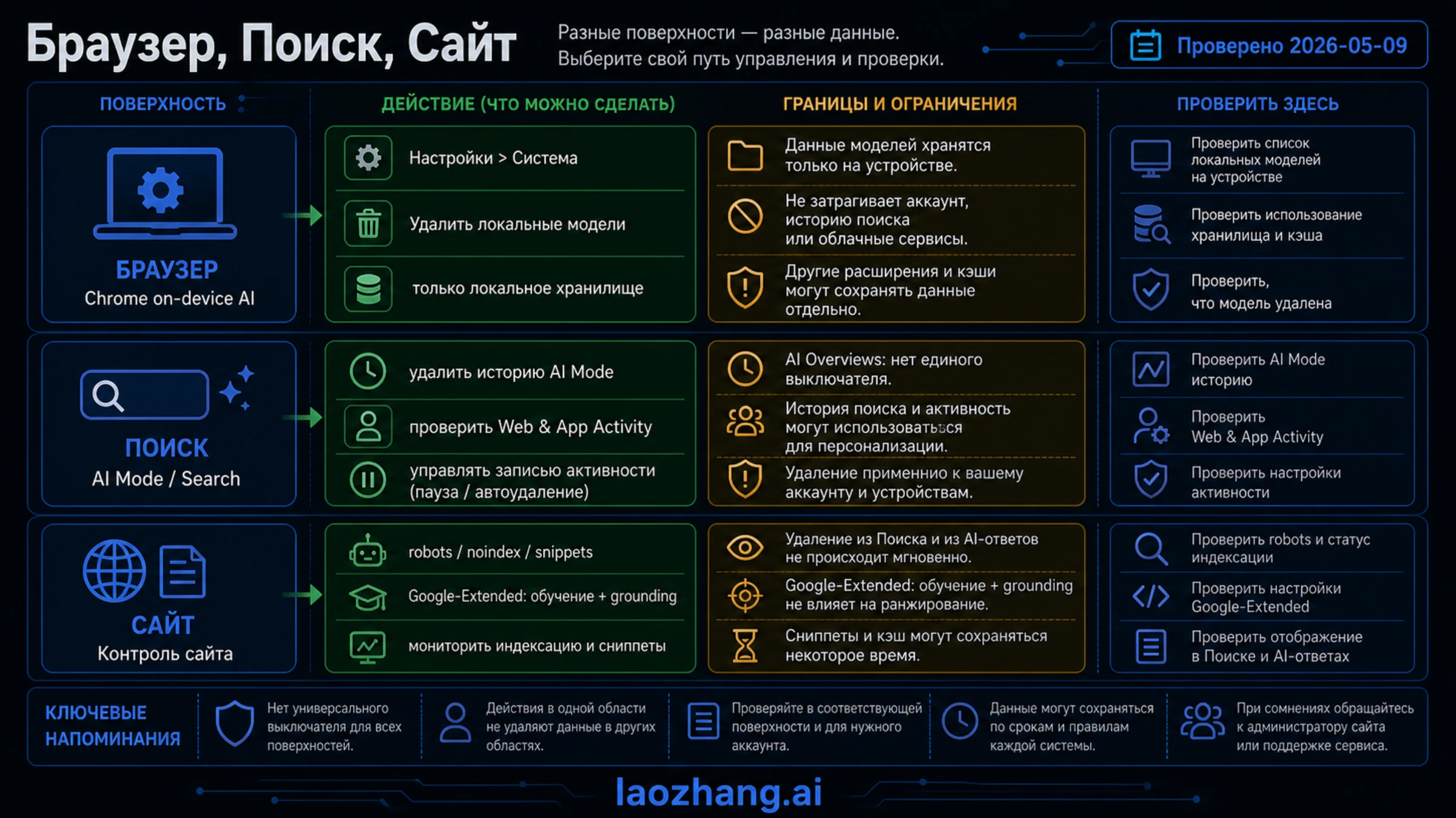 Панель Google AI для браузера, Search и publisher controls: Chrome local model, AI Mode history, Web & App Activity, robots, noindex, snippets и Google-Extended