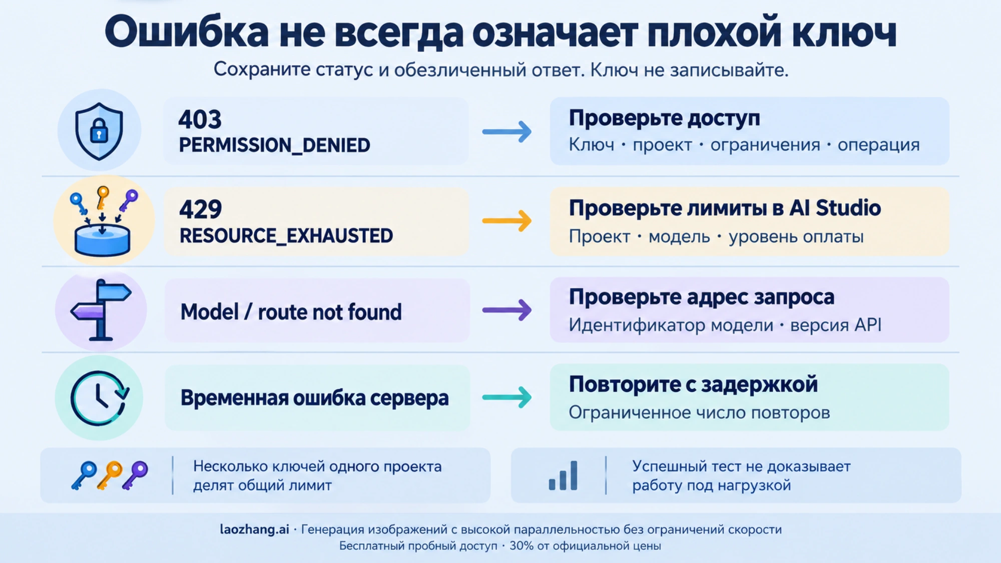 Направления диагностики ошибок 403, 429, неверного маршрута или модели и временной ошибки сервера; общий лимит проекта и границы пробного запроса