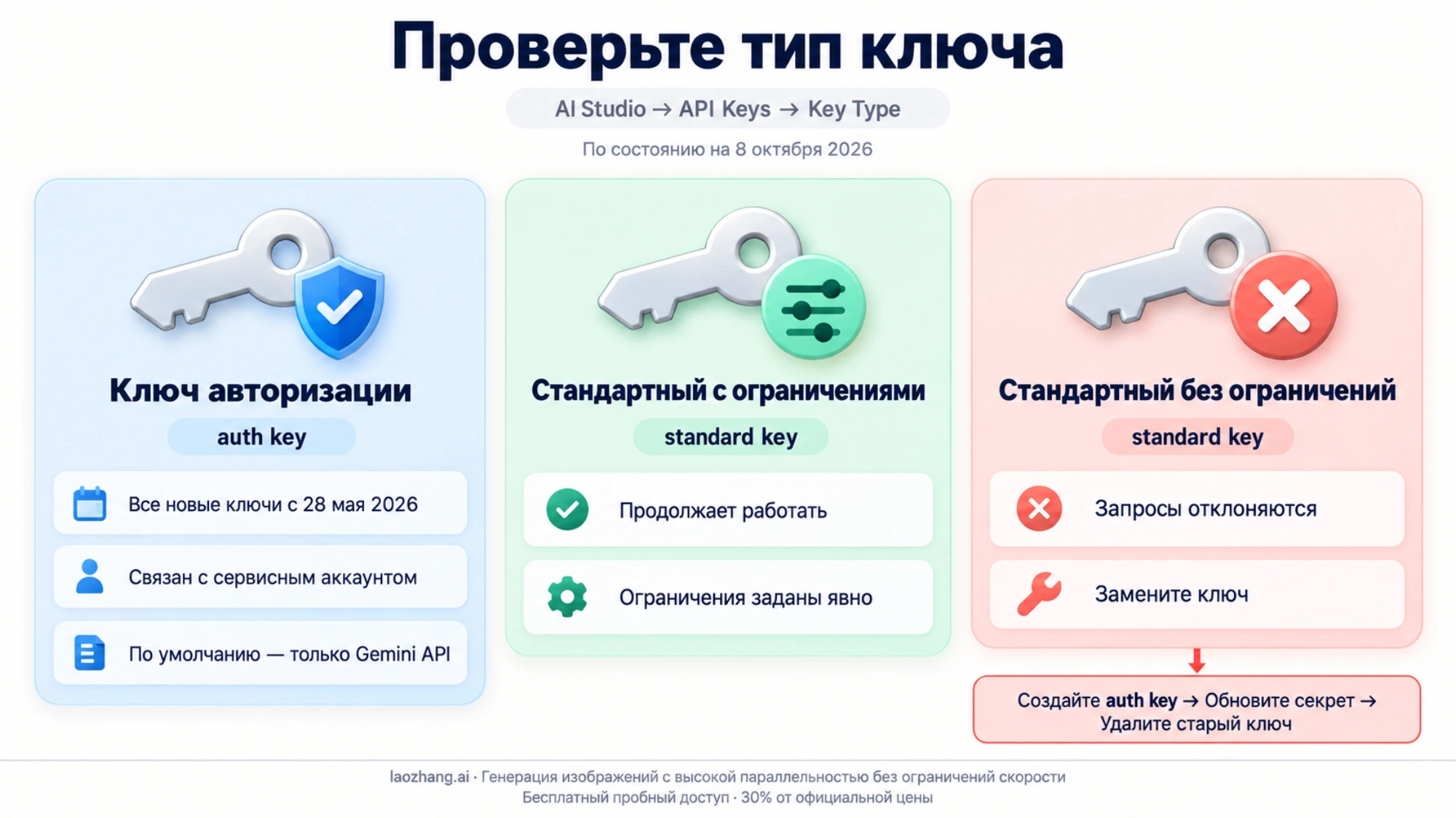 Сравнение ключа авторизации и стандартных ключей с ограничениями и без них; порядок замены отклоняемого ключа
