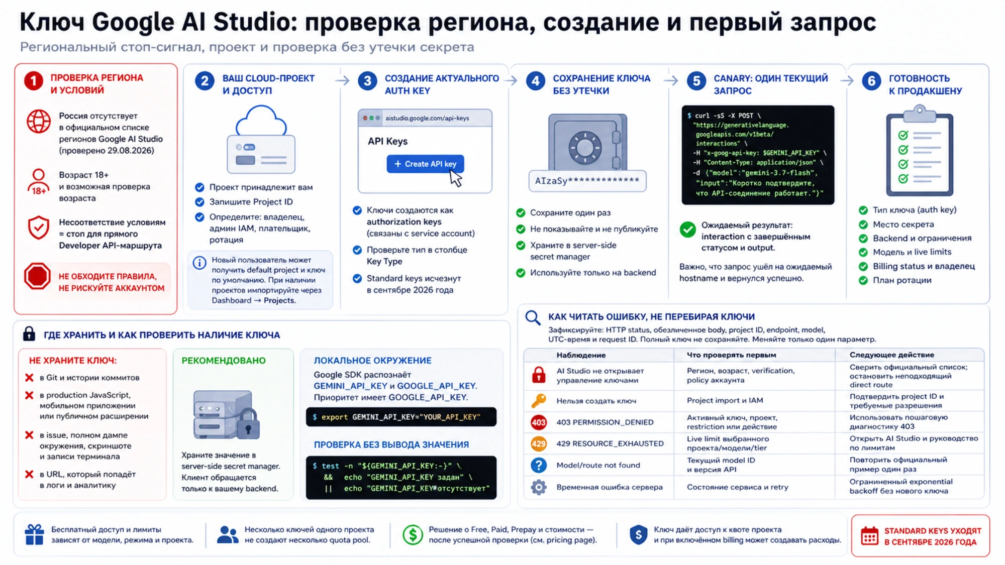 Схема от проверки региона и Cloud-проекта до auth key, безопасного секрета, canary-запроса и диагностической развилки