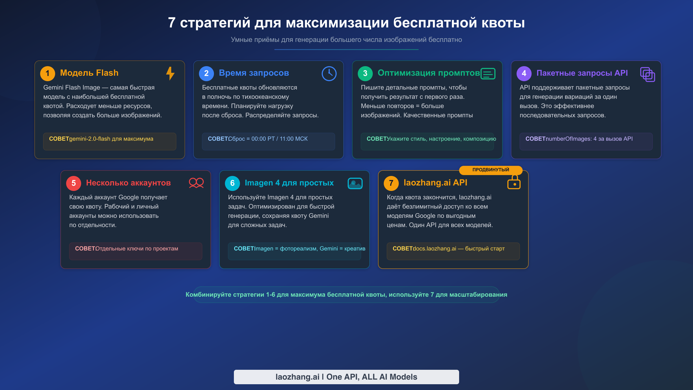 Инфографика с семью практическими стратегиями максимального использования бесплатной квоты на генерацию изображений в Google AI Studio