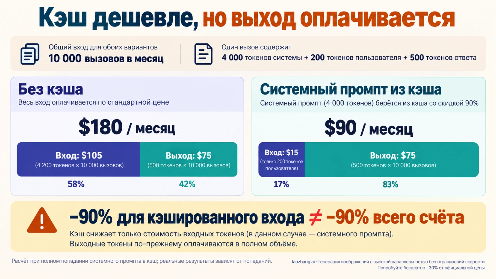 Кэширование GPT‑5.4: при 10 000 запросах с системным промптом 4 000 токенов, вводом 200 и ответом 500 месячный счёт снижается со $180 до $90, а не до $18