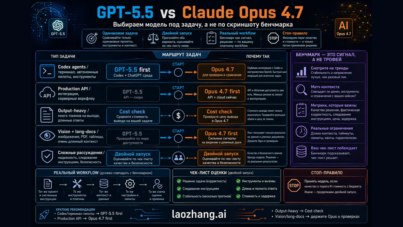 Workload router showing which GPT-5.5 and Claude Opus 4.7 benchmarks matter by task