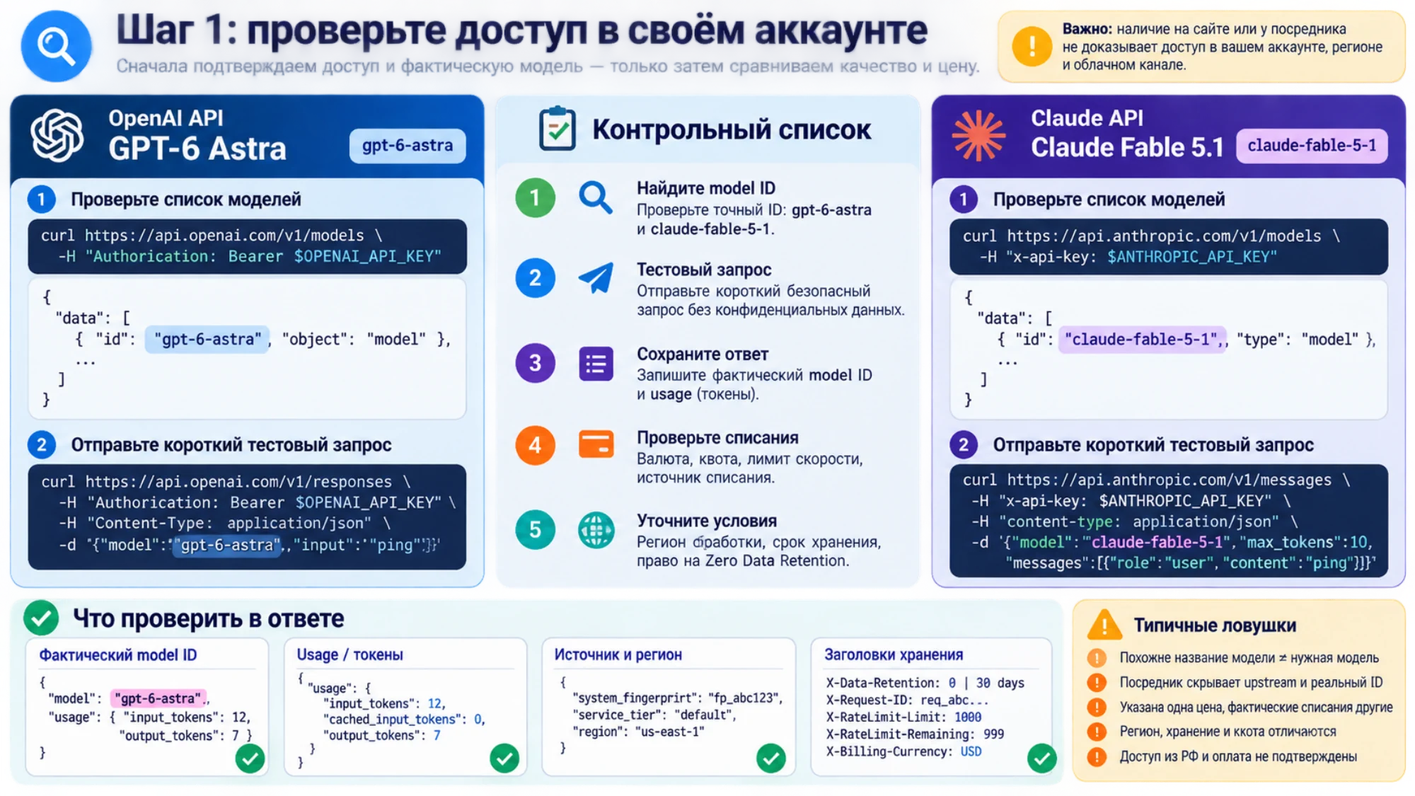 Проверка доступа к GPT-6 Astra и Claude Fable 5.1 по model ID, тестовому запросу, usage, списаниям и условиям хранения