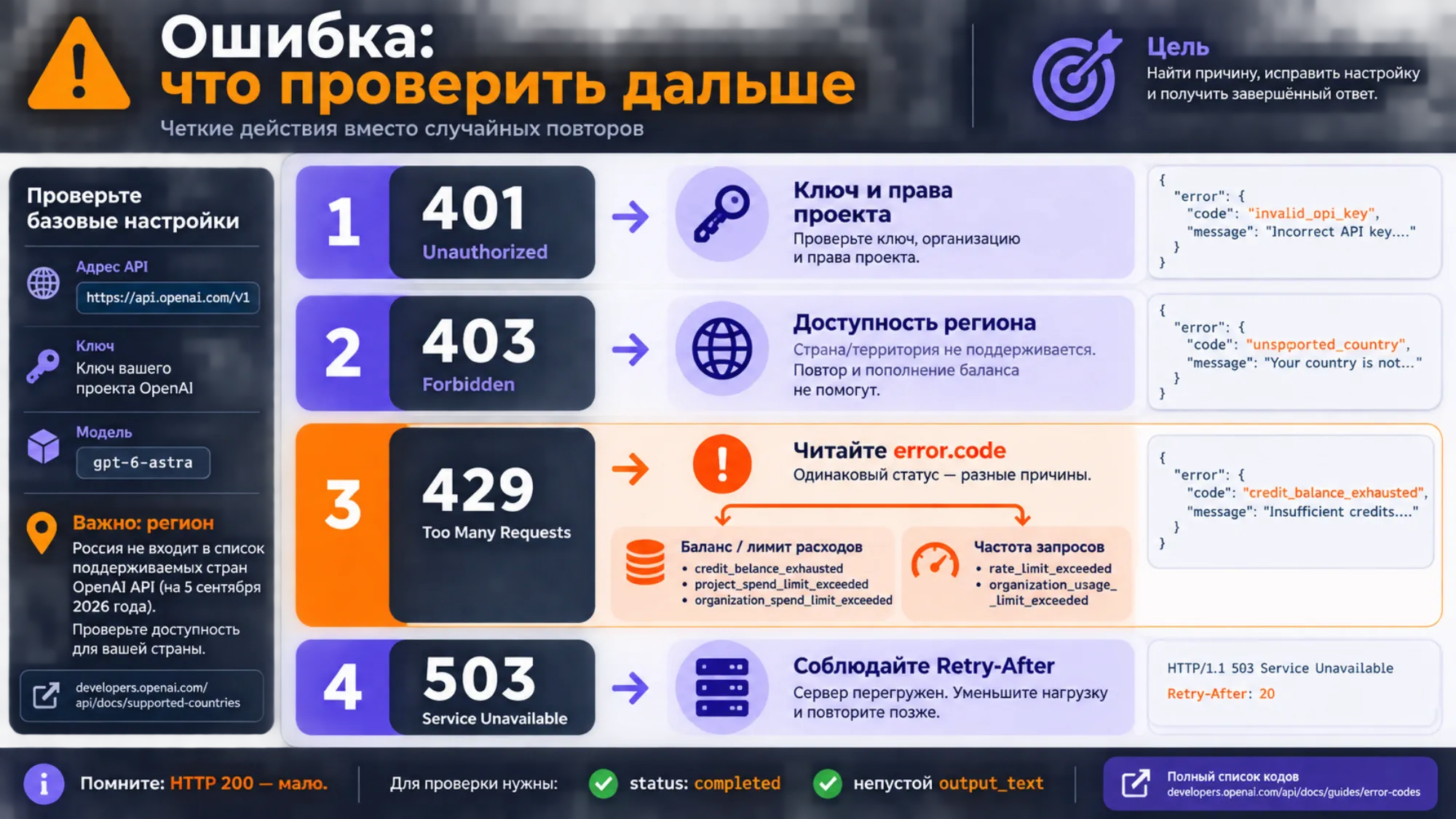 Действия при ошибках API: проверить ключ для 401, регион для 403, error.code для 429 и Retry-After для 503