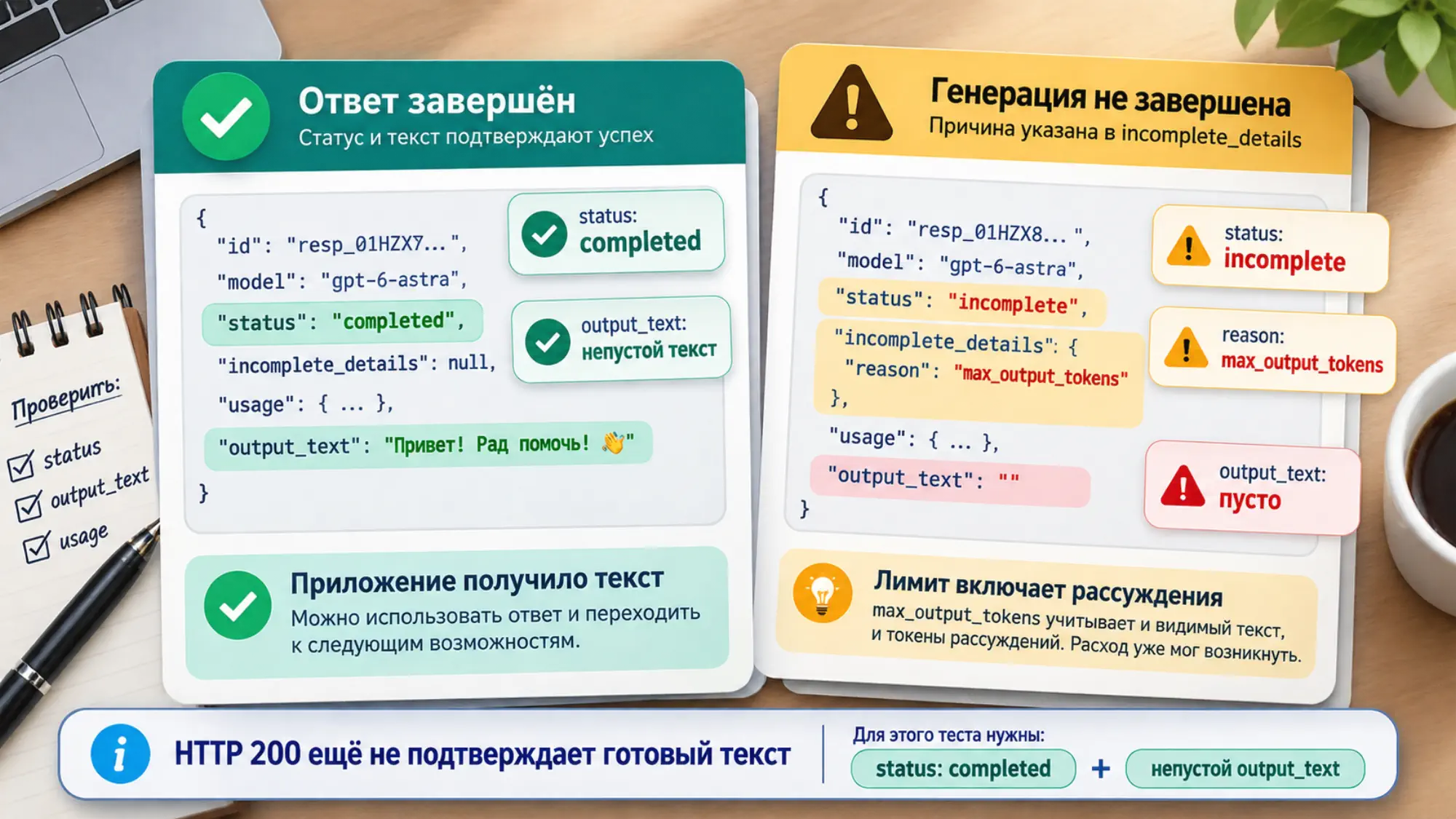 Завершённый ответ с непустым output_text и незавершённая генерация из-за max_output_tokens