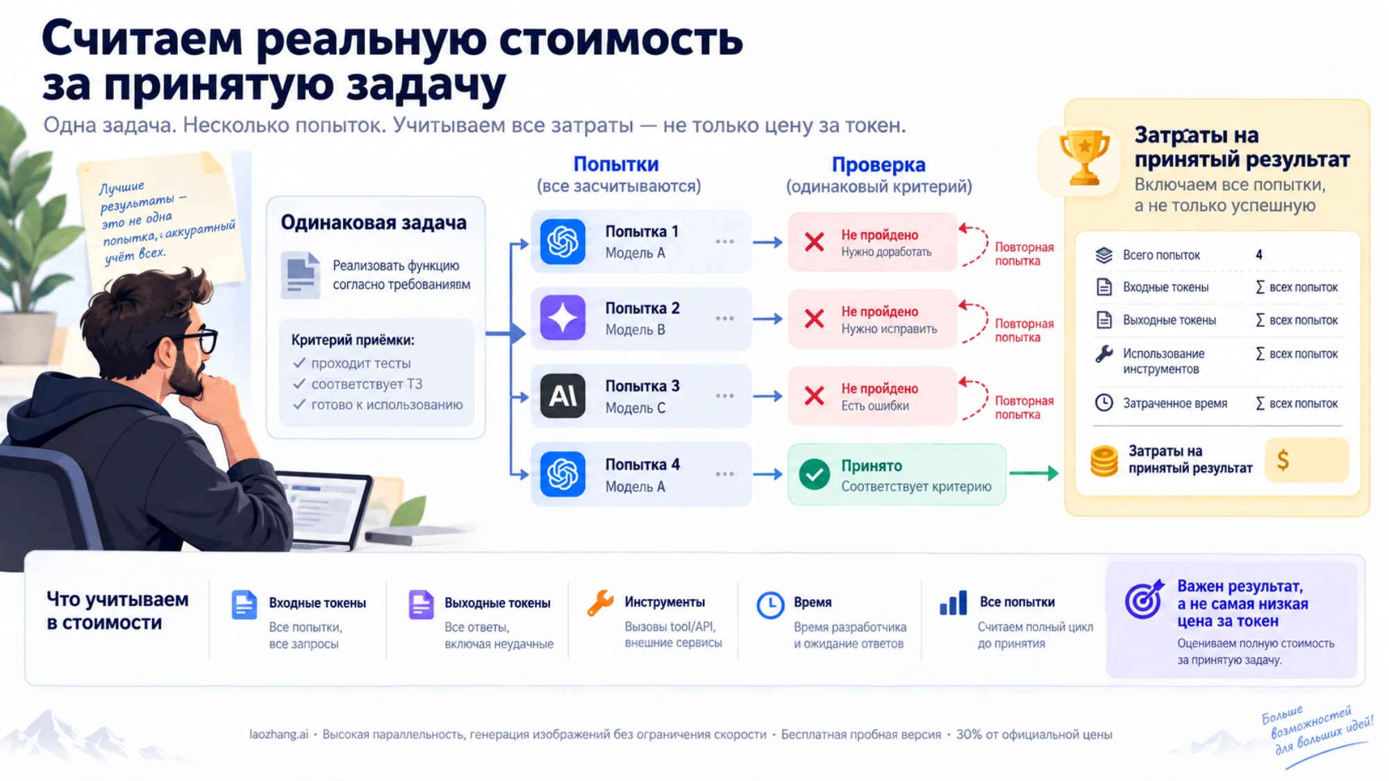 Методика подсчёта затрат на принятый результат: все попытки проходят одинаковую проверку, учитываются токены, инструменты и время