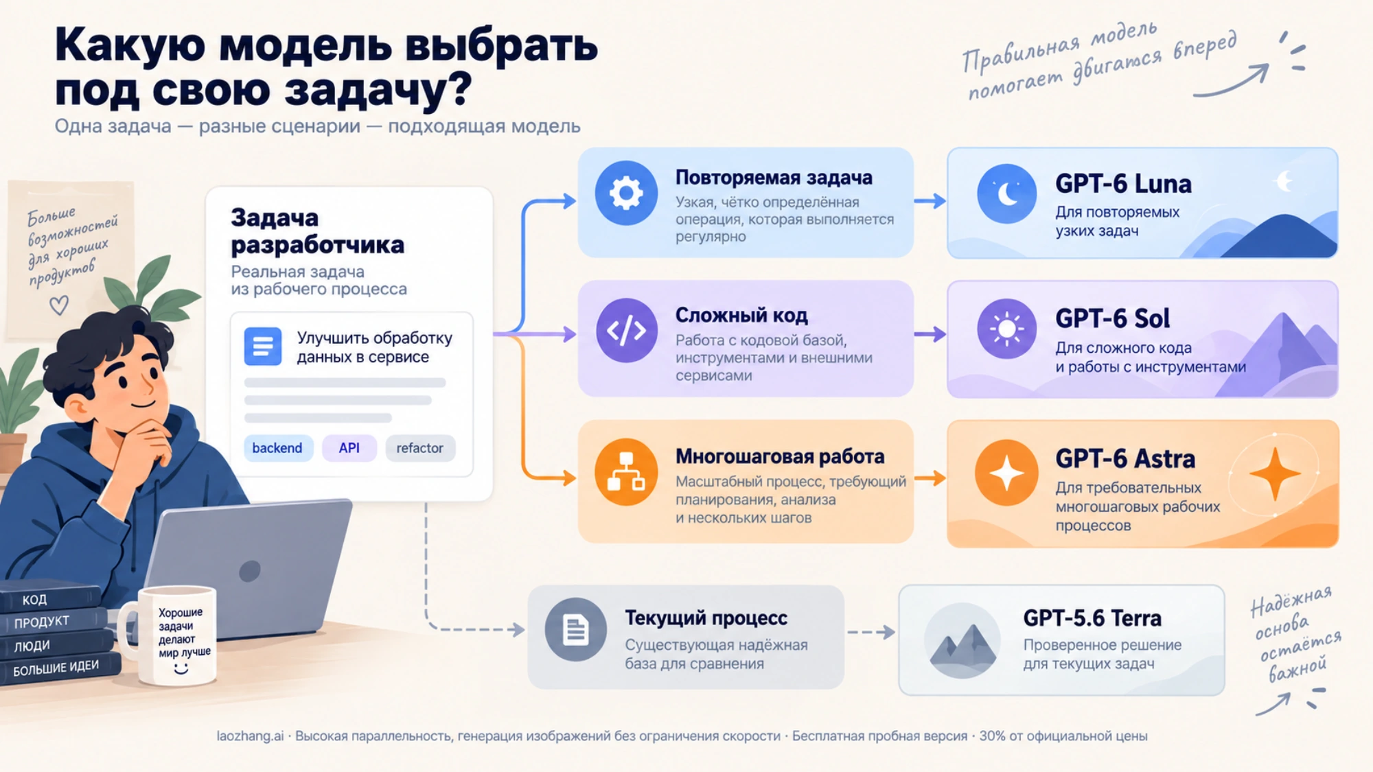 Схема выбора модели по задаче: Luna для повторяемой операции, Sol для сложного кода, Astra для многошаговой работы, Terra как существующая база сравнения