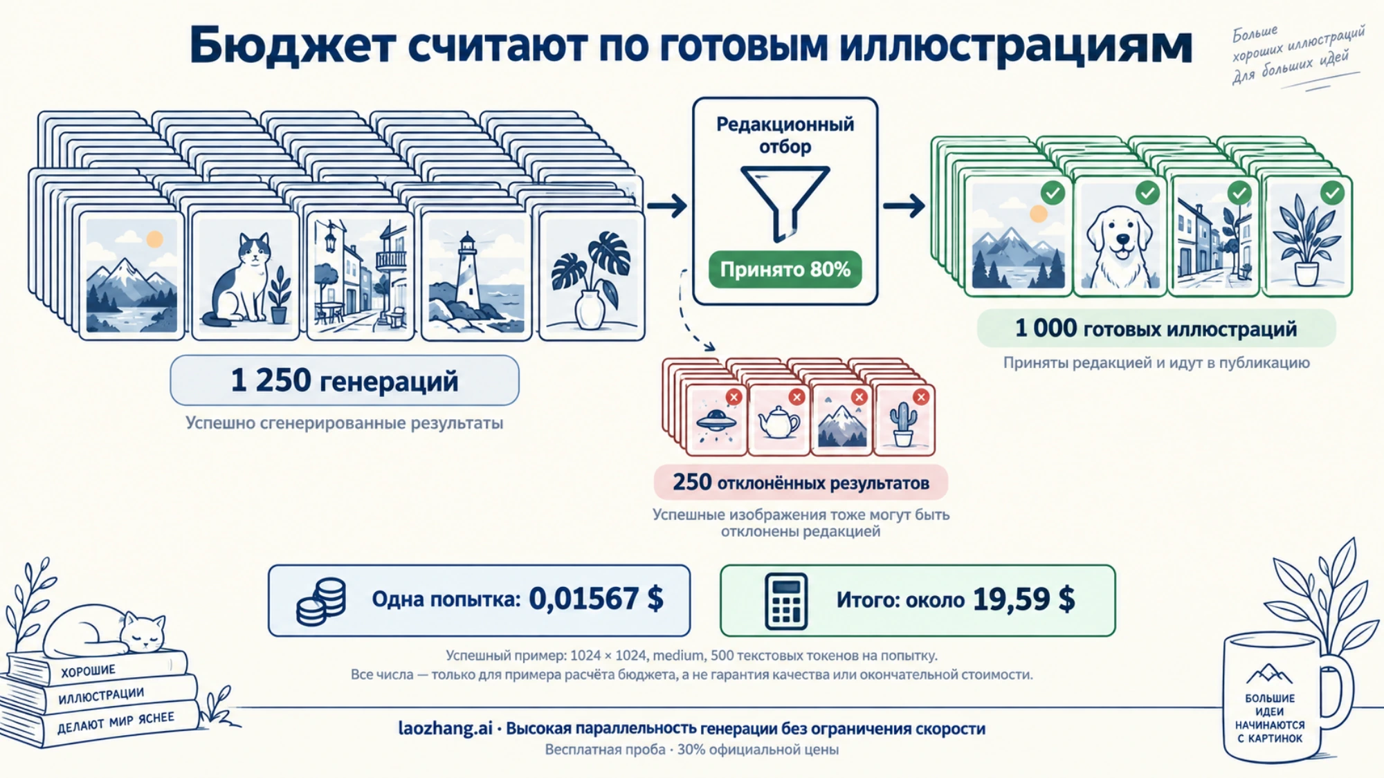 Условный расчёт бюджета: 1 250 генераций для получения 1 000 принятых редакцией иллюстраций