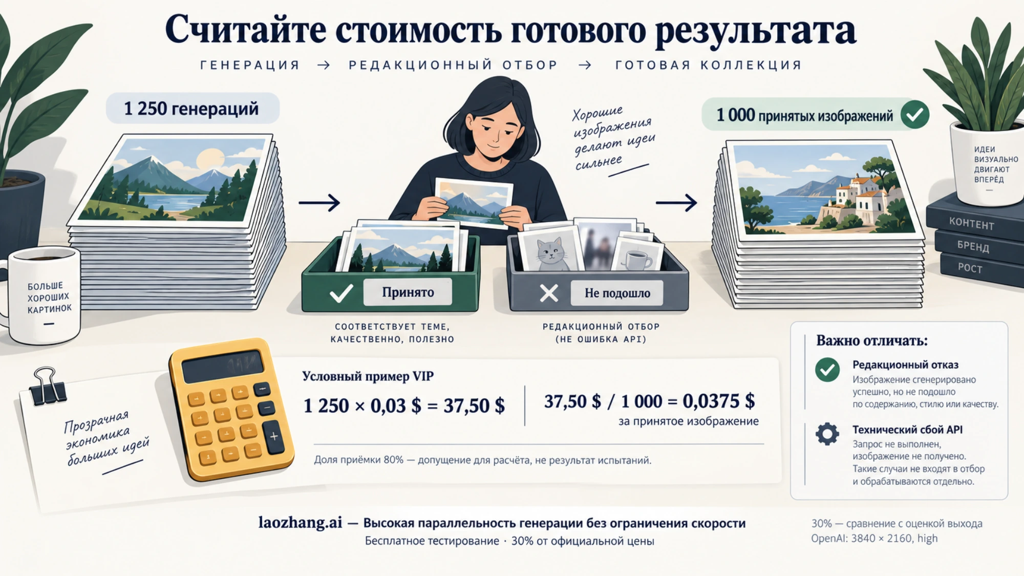 Условный бюджет VIP: редакционный отбор тысячи изображений из 1 250 генераций и стоимость принятого результата