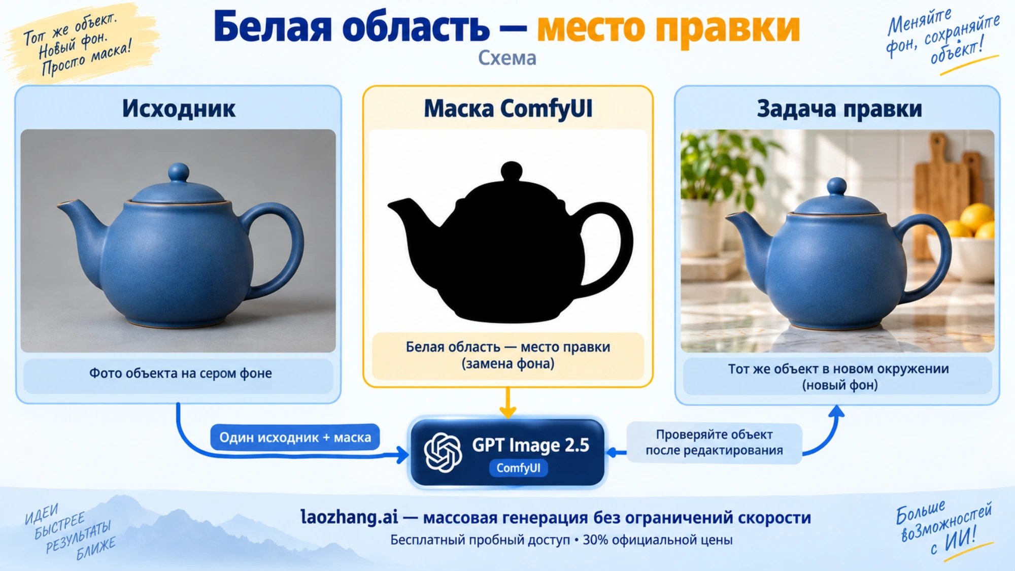 Схема замены фона: исходный чайник, маска ComfyUI и желаемое окружение