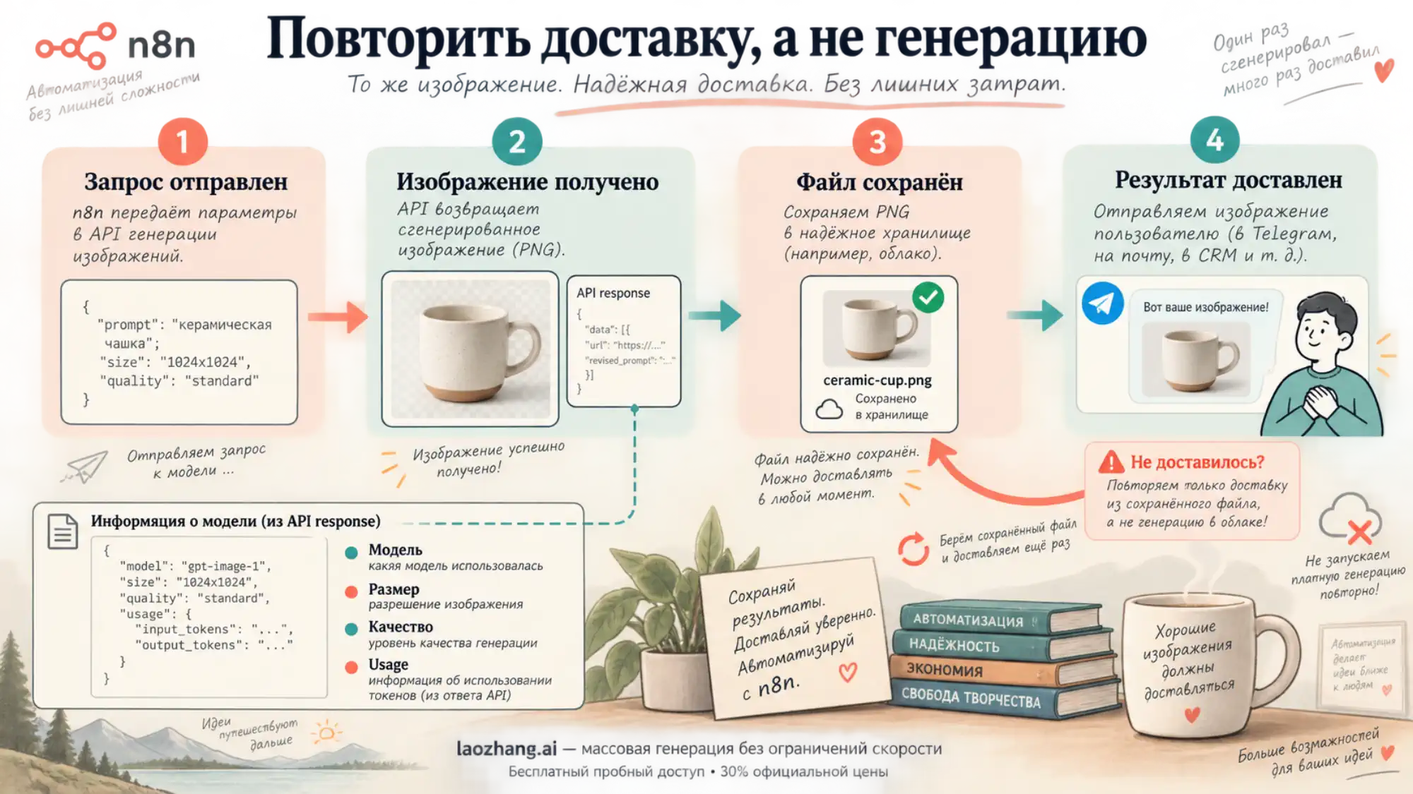 Этапы задания n8n и повторная доставка уже сохранённого изображения