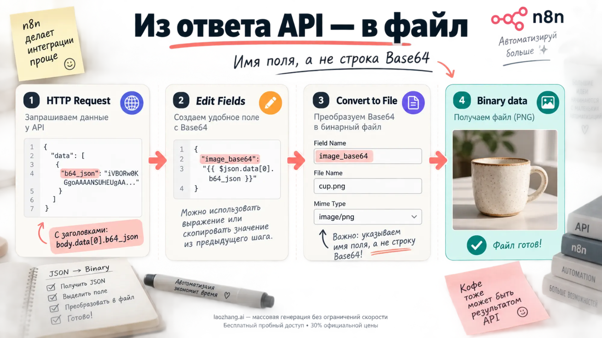 Схема преобразования ответа JSON в двоичный файл через Edit Fields и Convert to File