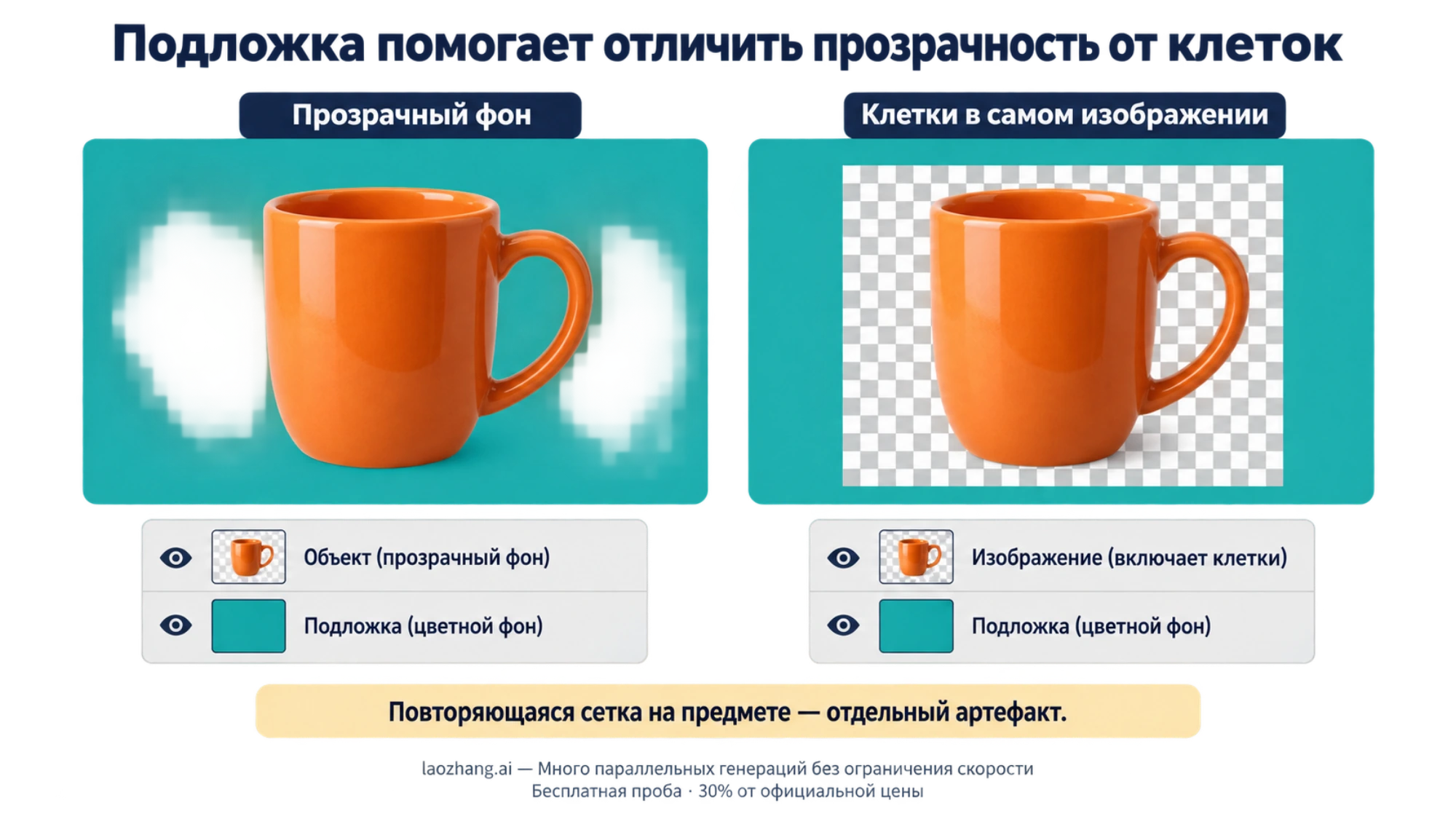 Схема проверки на цветной подложке: прозрачный фон пропускает цвет, а нарисованные клетки остаются вокруг предмета