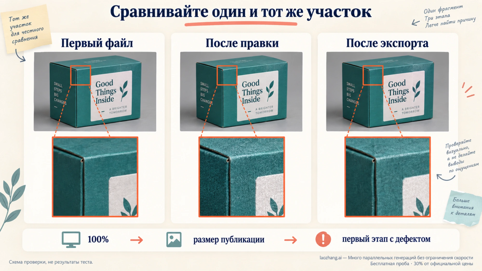Схема сопоставления одного и того же фрагмента исходного изображения, версии после правки и экспортированной копии