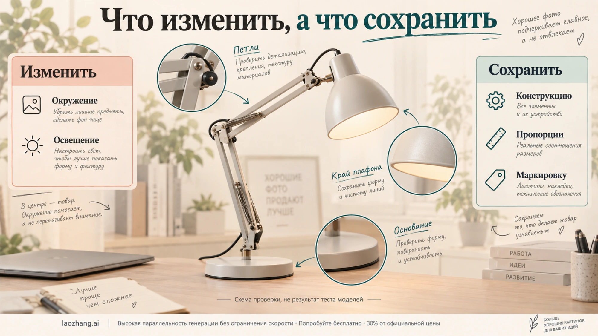 Схема проверки товарной фотографии лампы: изменить окружение и освещение, сохранить конструкцию, пропорции и маркировку