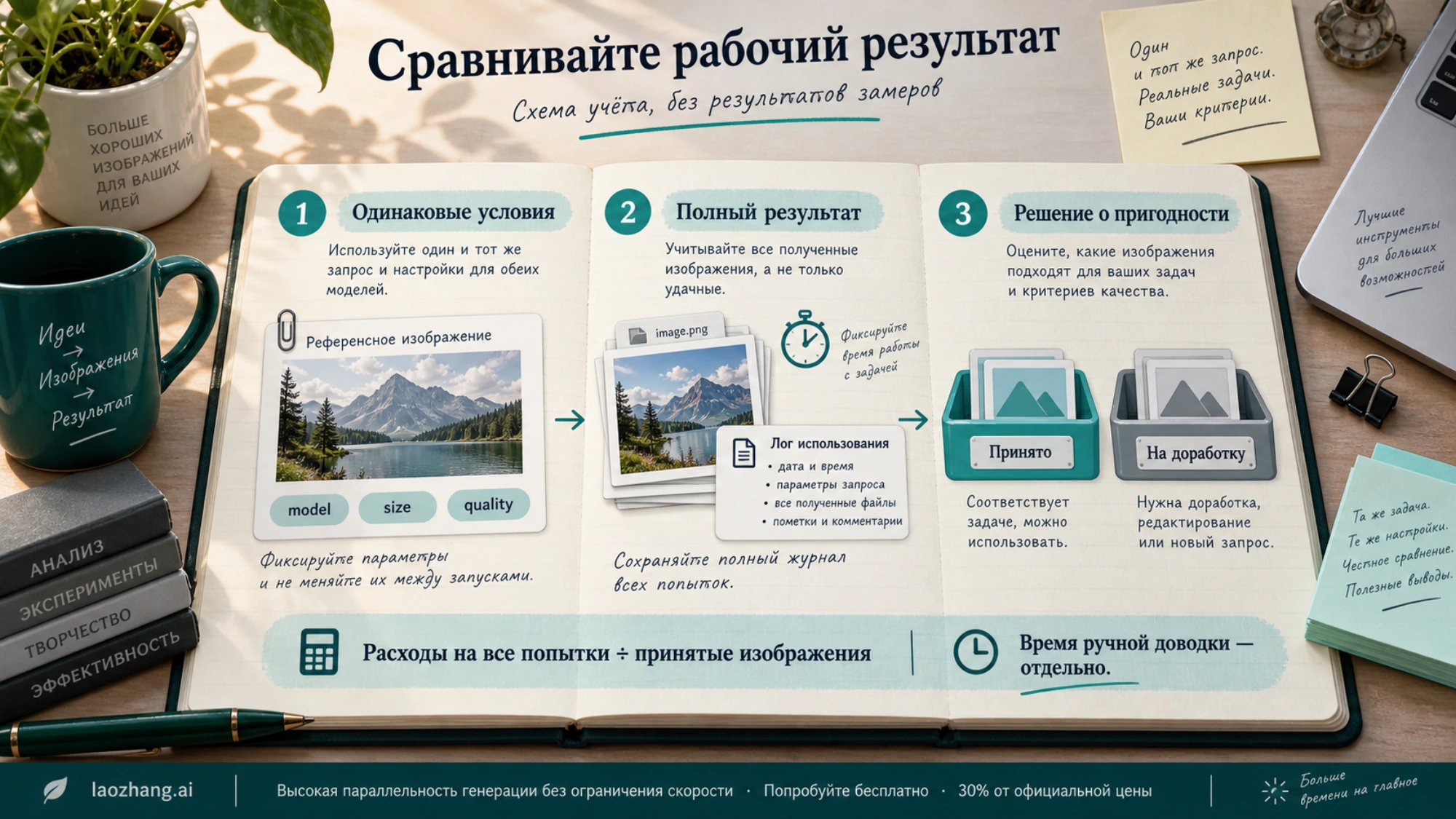 Иллюстративная схема сравнения: одинаковые условия, сохранение полного результата и решение о пригодности изображения