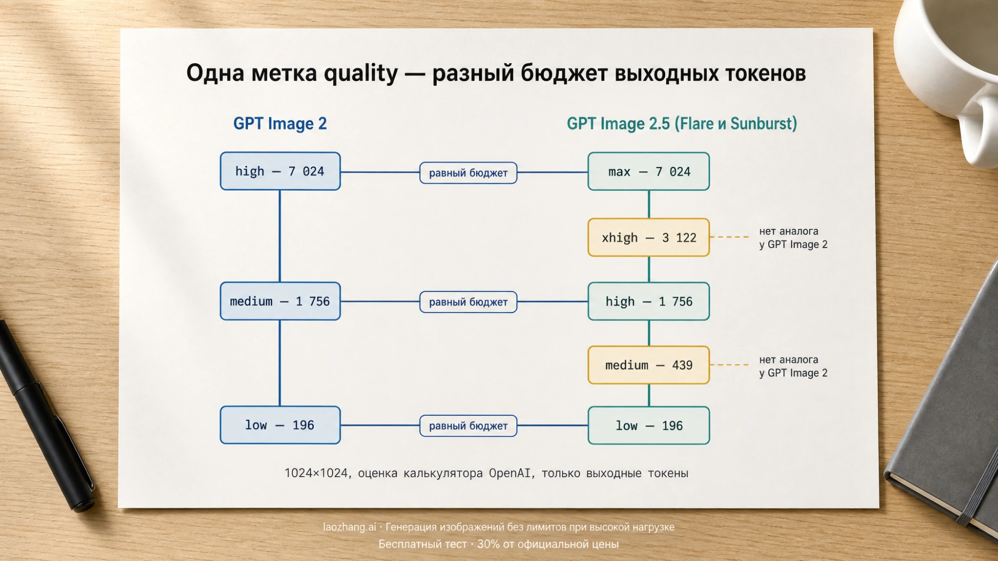 Карточка на столе со схемой соответствия бюджета выходных токенов: метки quality у GPT Image 2 и GPT Image 2.5 при 1024×1024, где high у 2.5 равен medium у GPT Image 2, а max равен high