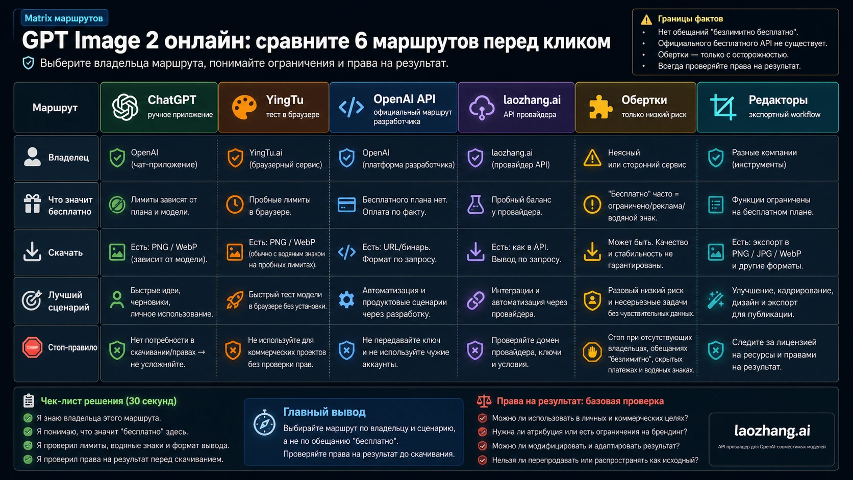 Матрица маршрутов GPT Image 2: ChatGPT, YingTu, OpenAI API, laozhang.ai, оболочки и редакторы